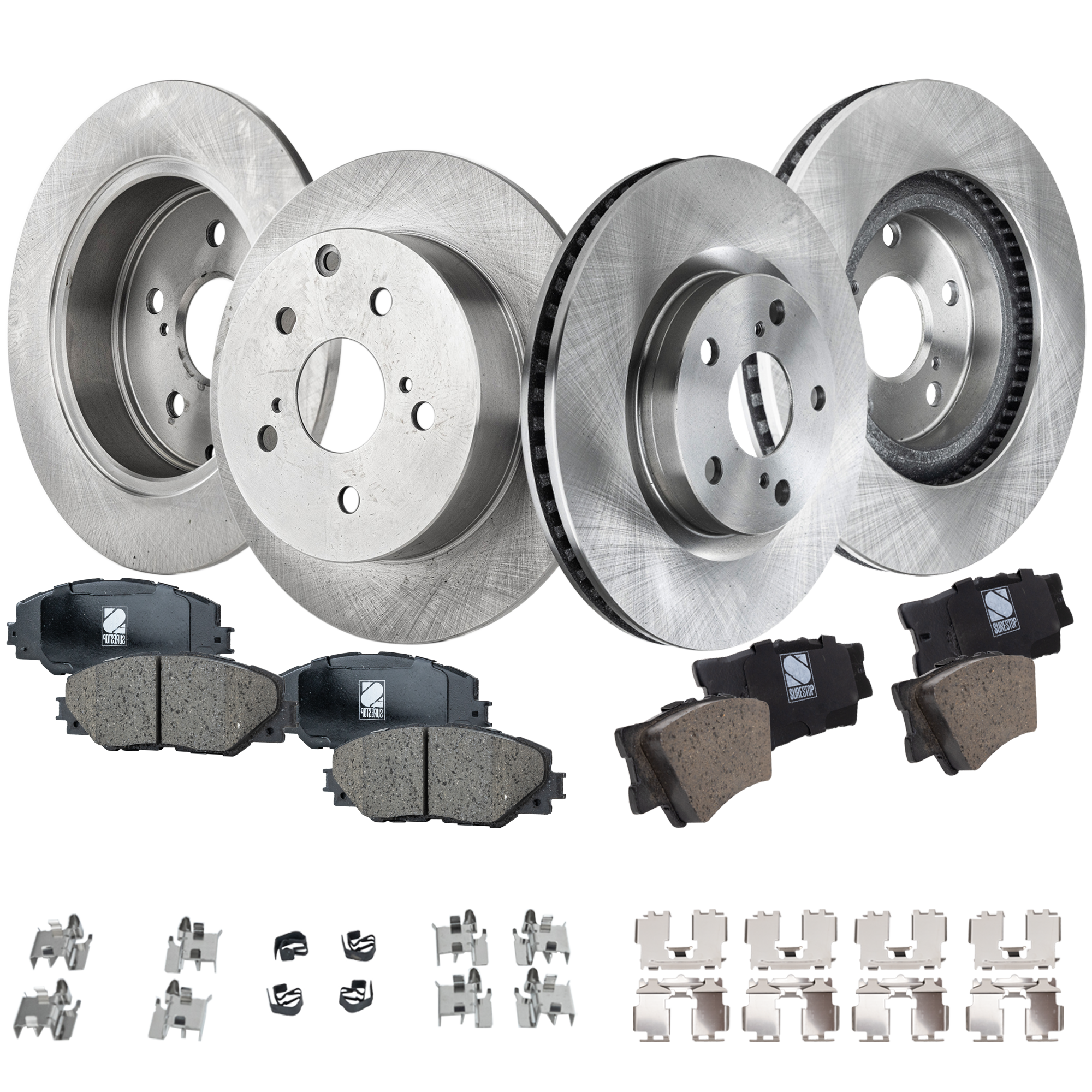 AM MATRIX 09-13 VIBE 09-10 FRONT AND REAR BRAKE DISC AND PAD KIT 8 pc Kit SKU KIT 042023-11 OEM 4351242050-4351202250-19184294