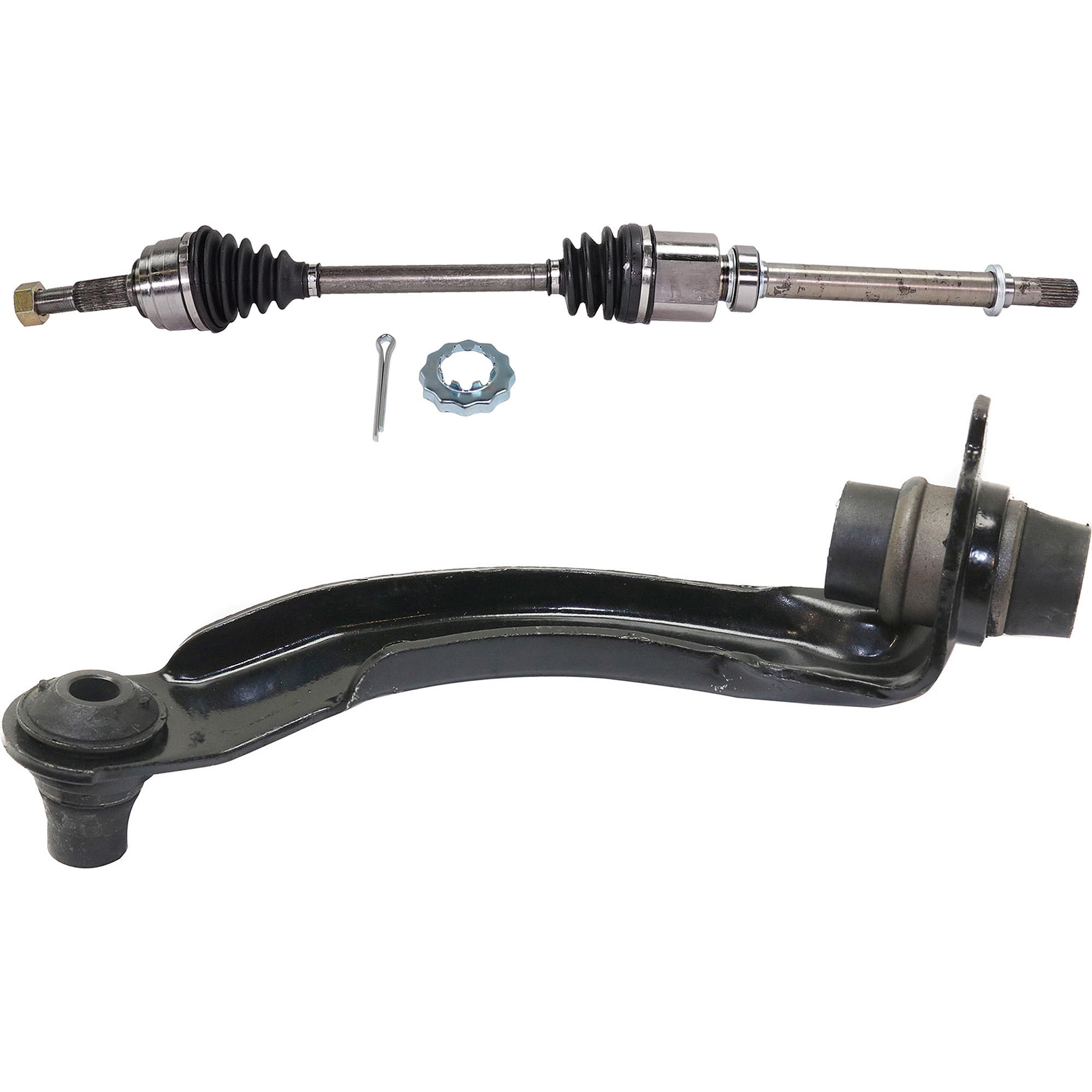 AM NV200-14-19 FRONT CV AXLE ASSEMBLY RH 4 pc kit with Brake Disc Brake Pad Set and Control Arm SKU KIT 042122-010 OEM 391003LN0A 44733-850258-600671