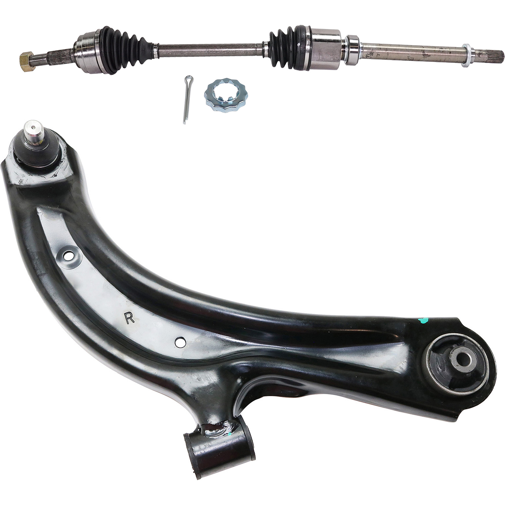 AM NV200-14-19 FRONT CV AXLE ASSEMBLY RH 6 pc kit with Brake Disc Brake Pad Set and Control Arm SKU KIT 042122-011 OEM 391003LN0A 44733-850258-600671