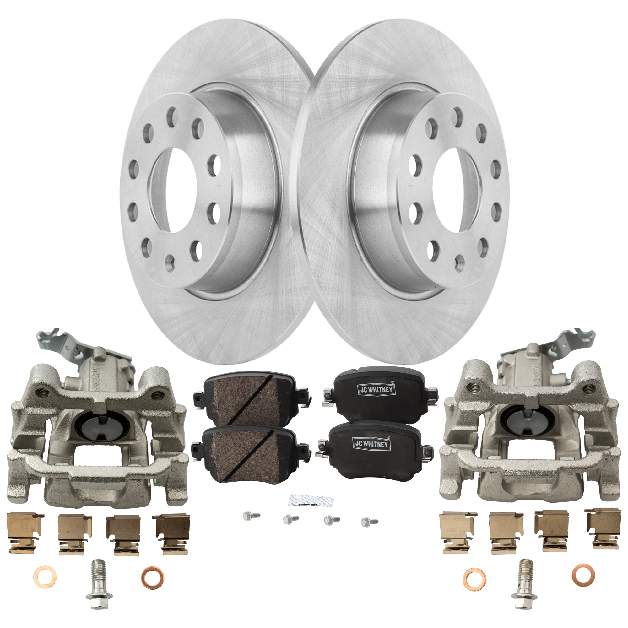 AM PASSAT 15-15 REAR BRAKE KIT WITH CALIPERS 2 Wheel Set Includes 2 Brake Caliper 2 Brake Disc and 1 Brake Pad Set Plain Surface 5 Lugs Cast Iron Organic SKU KIT 042125-01 OEM 1K0615601AA 5Q0615601D L5QD615