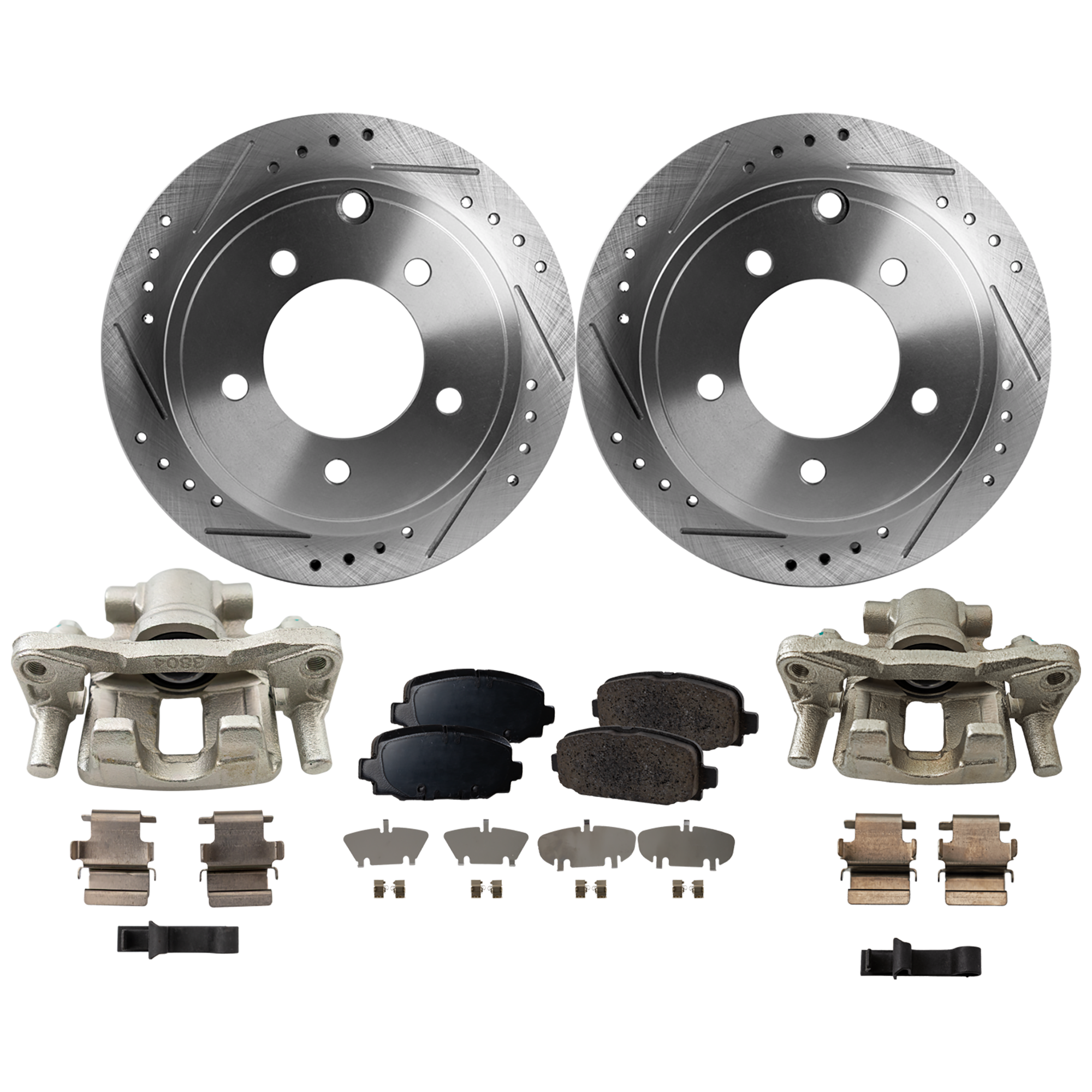 AM COMPASS 17-17 REAR BRAKE KIT WITH CALIPERS 2 Wheel Set Includes 2 Brake Caliper 2 Brake Disc and 1 Brake Pad Set Cross drilled and Slotted 5 Lugs Ceramic SKU KIT 042125-13 OEM 43154-44725-53036-780457-88045