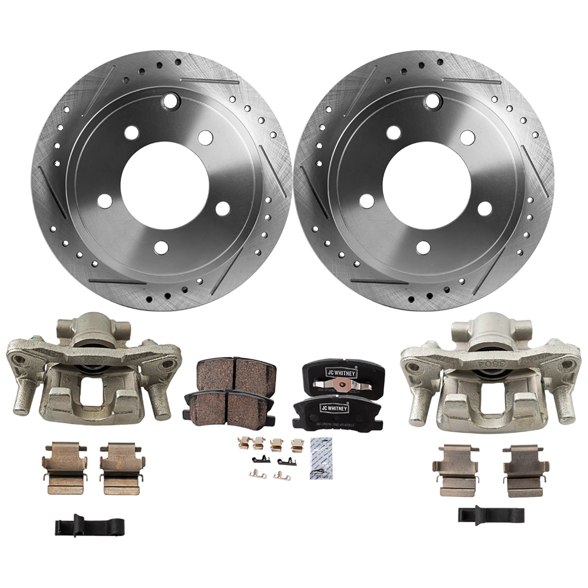AM AVENGER 09-14 COMPASS 07-17 REAR BRAKE KIT WITH CALIPERS 2 Wheel Set Includes 2 Brake Caliper 2 Brake Disc and 1 Brake Pad Set Cross drilled and Slotted 5 Lugs Ceramic SKU KIT 042125-14 OEM 43154-44725-53036-780457-88045