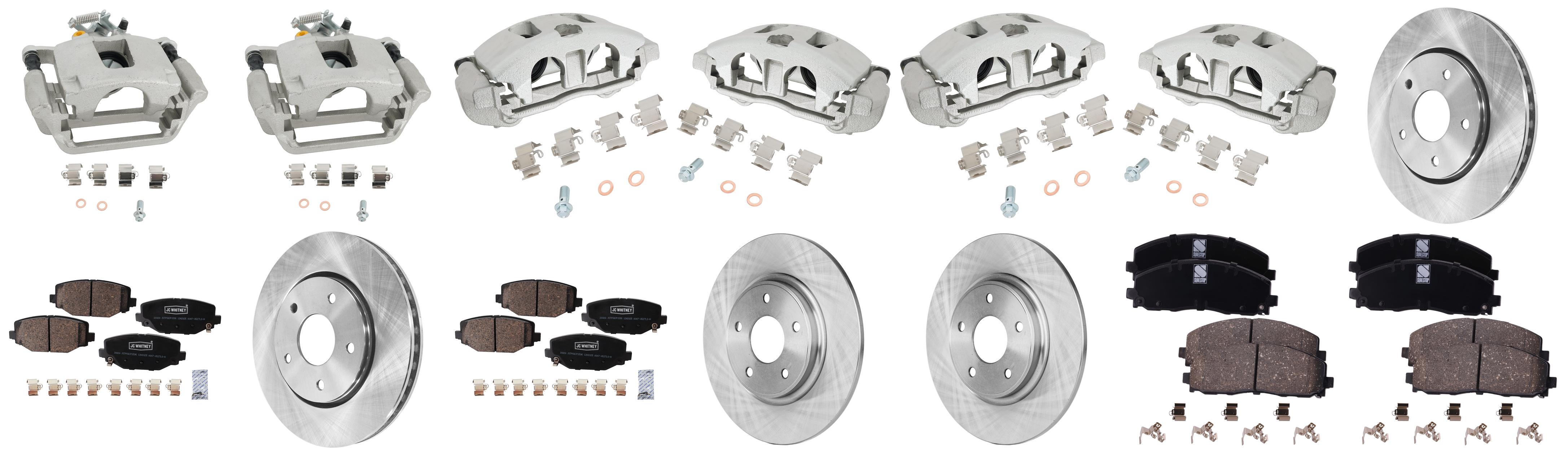 AM TOWN COUNTRY 12-16 GRAND CARAVAN 12-16 FRONT AND REAR BRAKE KIT WITH CALIPERS 4 Wheel Set Includes 4 Brake Caliper 4 Brake Disc and 2 Brake Pad Set Plain Surface 5 Lugs Cast Iron Ceram SKU KIT 042125-200 OEM 4721995AA 4721933AB 4779783AA