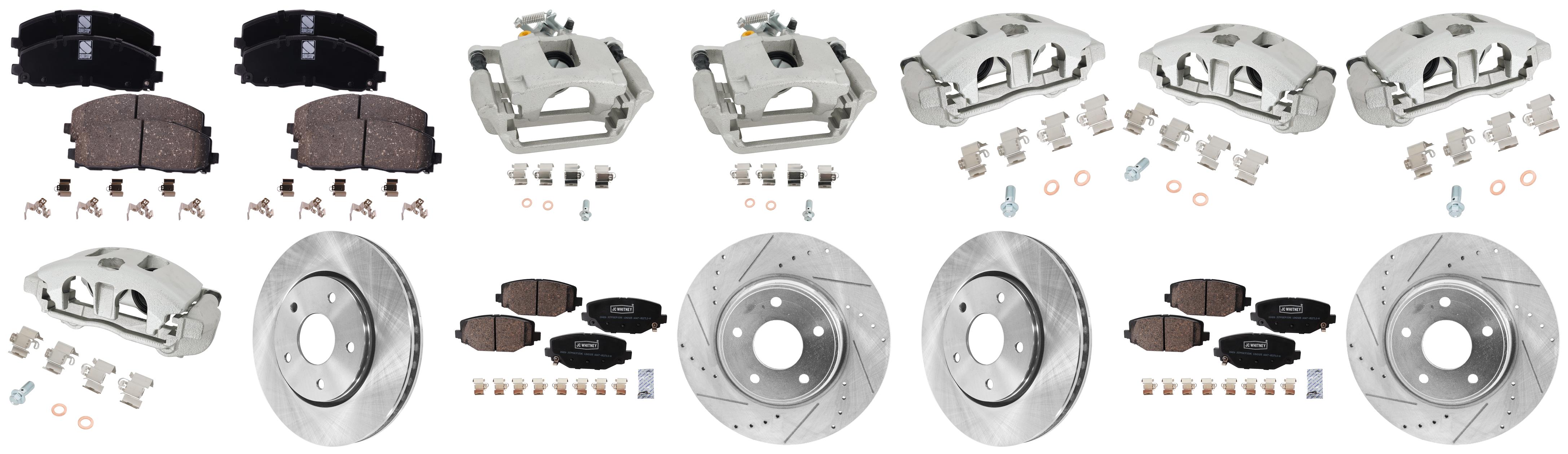 AM TOWN COUNTRY 12-16 GRAND CARAVAN 12-16 FRONT AND REAR BRAKE KIT WITH CALIPERS 4 Wheel Set Includes 4 Brake Caliper 4 Brake Disc and 2 Brake Pad Set Front Plain Surface Rear Cross drilled SKU KIT 042125-202 OEM 4721995AA 4721933AB 4779783AA