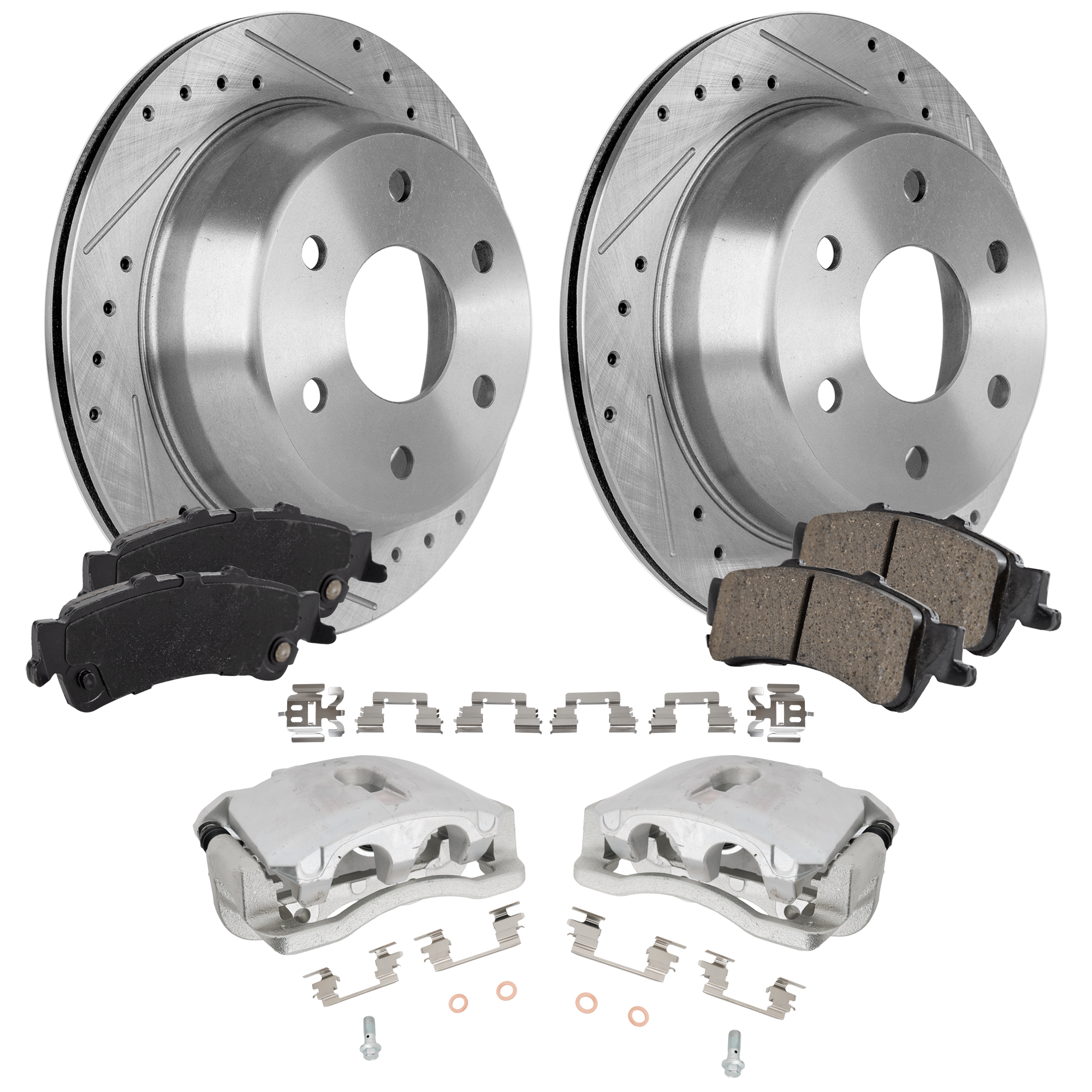 AM SILVERADO 1500 SIERRA 1500-05-05 REAR BRAKE KIT WITH CALIPERS 2 Wheel Set Includes 2 Brake Caliper 2 Brake Disc and 1 Brake Pad Set Cross drilled and Slotted 6 Lugs Ceramic SKU KIT 042125-23 OEM 90048037-56827FZN 18026447-180
