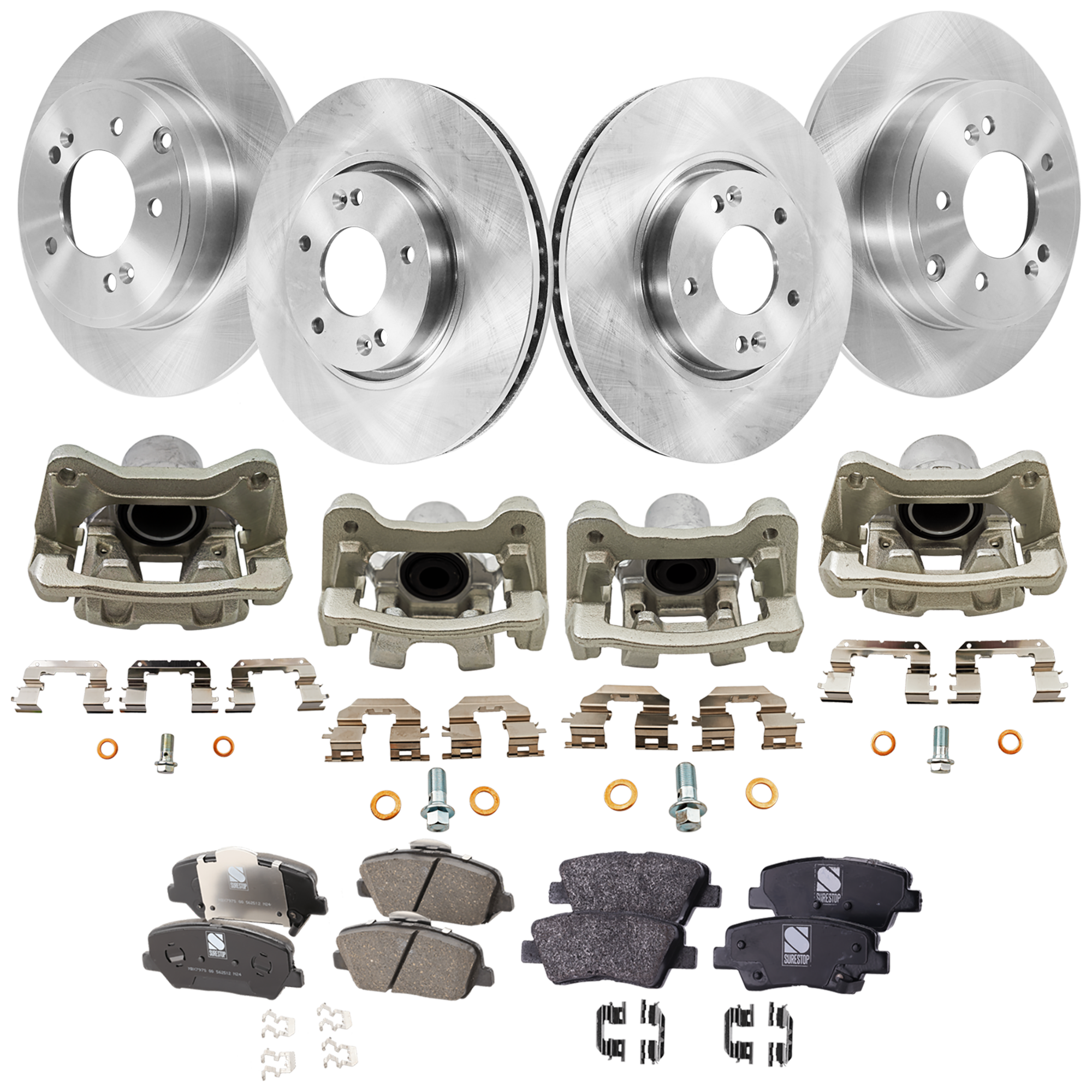 AM OPTIMA 14-14 FRONT AND REAR BRAKE KIT WITH CALIPERS 4 Wheel Set Includes 4 Brake Caliper 4 Brake Disc and 2 Brake Pad Set Plain Surface 5 Lugs Cast Iron Front Ceramic Rear Organic SKU KIT 042125-251 OEM 584110A100-517123K100-583022TA