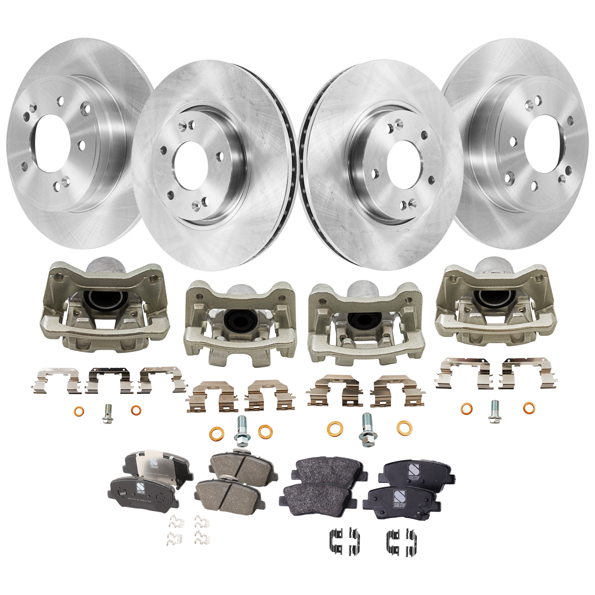 AM OPTIMA 14-14 FRONT AND REAR BRAKE KIT WITH CALIPERS 4 Wheel Set Includes 4 Brake Caliper 4 Brake Disc and 2 Brake Pad Set Plain Surface 5 Lugs Cast Iron Front Ceramic Rear Organic SKU KIT 042125-259 OEM 584110A100-517123K100-583022TA