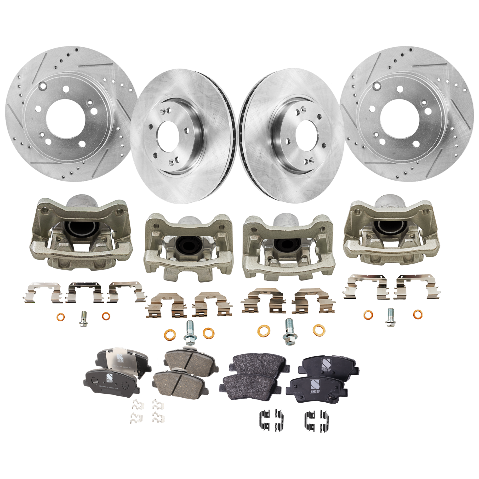 AM OPTIMA 14-14 FRONT AND REAR BRAKE KIT WITH CALIPERS 4 Wheel Set Includes 4 Brake Caliper 4 Brake Disc and 2 Brake Pad Set Front Plain Surface Rear Cross drilled and Slotted 5 Lugs Cast Ir SKU KIT 042125-260 OEM 517123K100-31424-31586-44625-0
