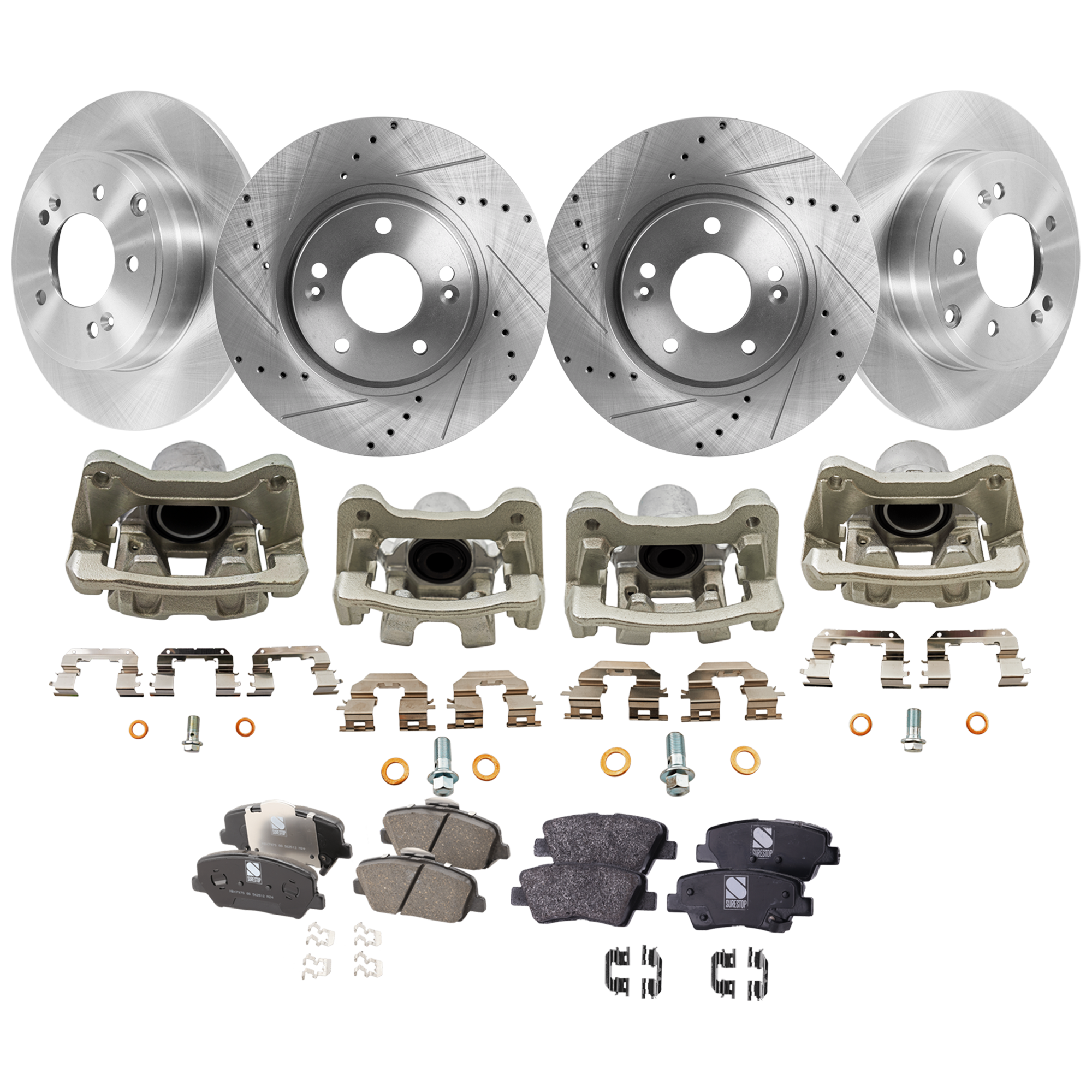 AM OPTIMA 14-14 FRONT AND REAR BRAKE KIT WITH CALIPERS 4 Wheel Set Includes 4 Brake Caliper 4 Brake Disc and 2 Brake Pad Set Front Cross drilled and Slotted Rear Plain Surface 5 Lugs Front C SKU KIT 042125-261 OEM 584110A100-31427-60289-145832