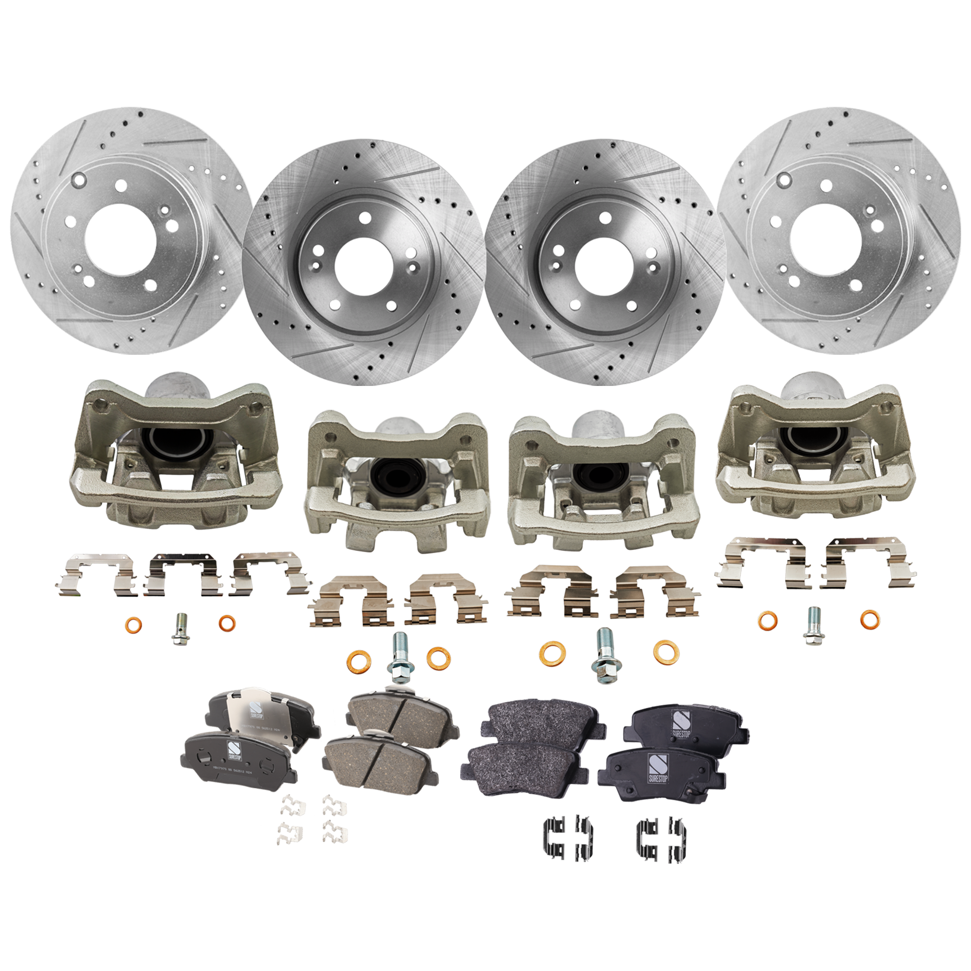 AM OPTIMA 14-14 FRONT AND REAR BRAKE KIT WITH CALIPERS 4 Wheel Set Includes 4 Brake Caliper 4 Brake Disc and 2 Brake Pad Set Cross drilled and Slotted 5 Lugs Front Ceramic Rear Organic SKU KIT 042125-262 OEM 31424-31586-44625-0833180-9804
