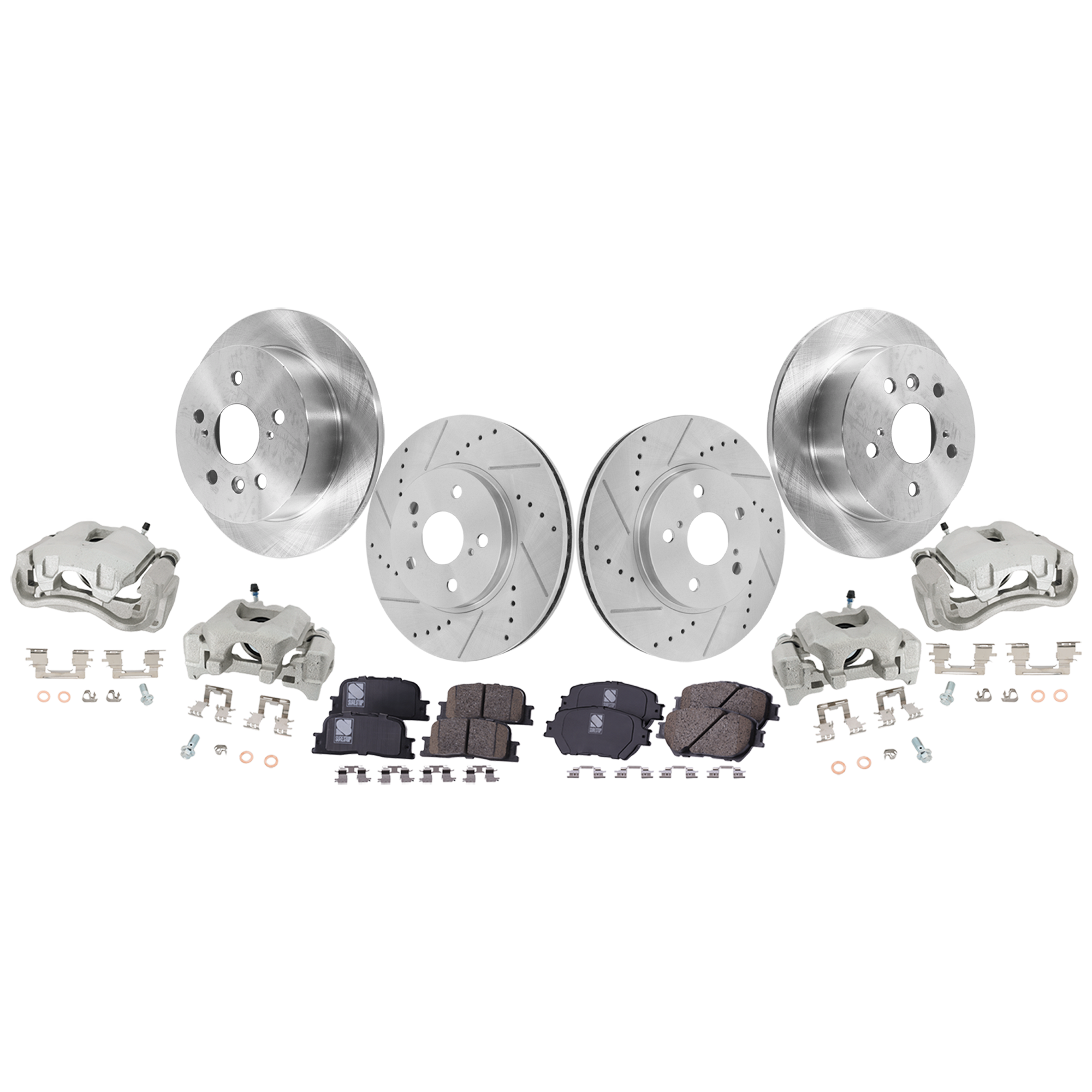 AM CAMRY 05-06 FRONT AND REAR BRAKE KIT WITH CALIPERS 4 Wheel Set Includes 4 Brake Caliper 4 Brake Disc and 2 Brake Pad Set Front Cross drilled and Slotted Rear Plain Surface 5 Lugs Ceramic SKU KIT 042125-274 OEM 19380-31314-31451-44627-145471