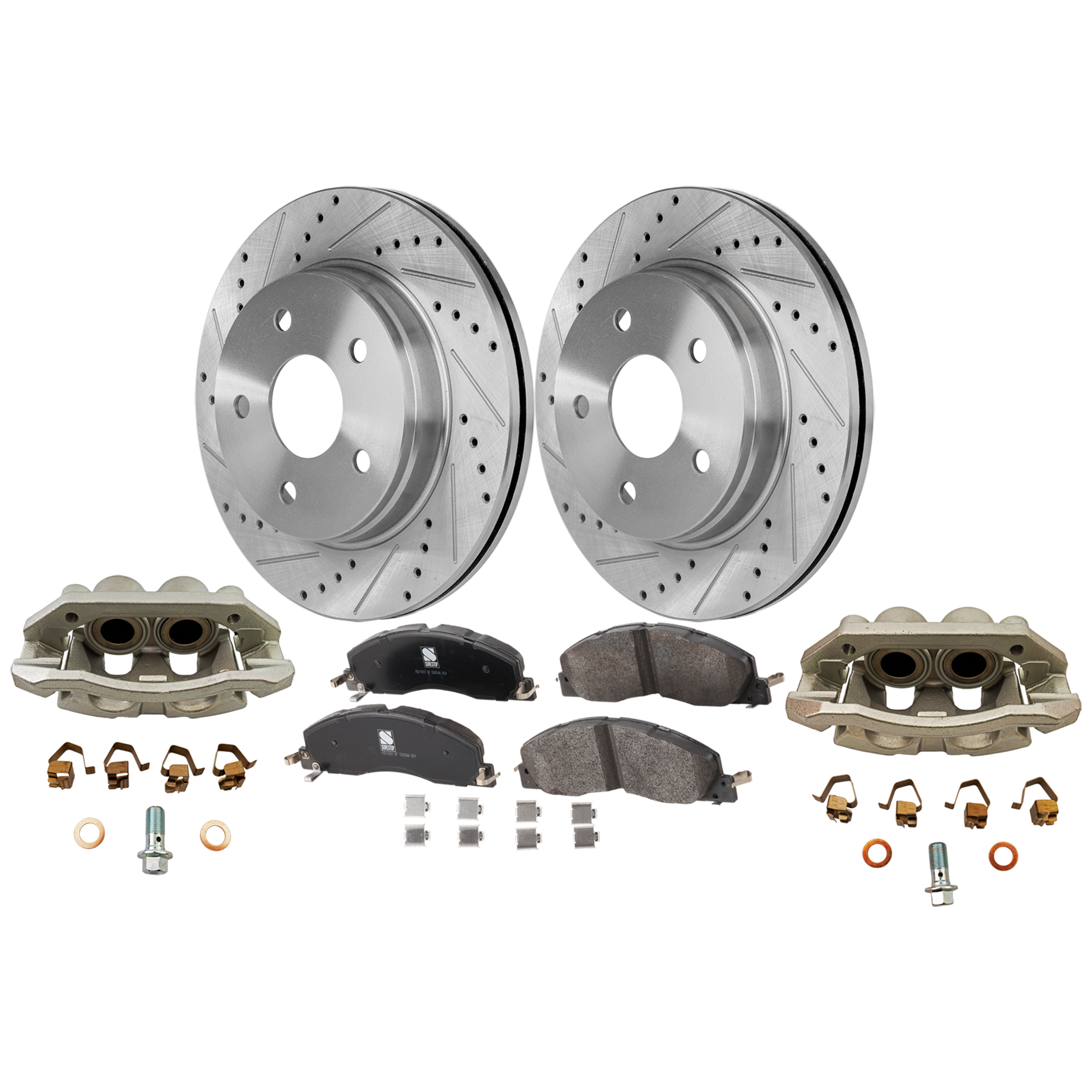 AM 1500-12-12 FRONT BRAKE KIT WITH CALIPERS 2 Wheel Set Includes 2 Brake Caliper 2 Brake Disc and 1 Brake Pad Set Cross drilled and Slotted 5 Lugs Semi Metallic SKU KIT 042125-28 OEM 2414-19966-53005-145381-491190