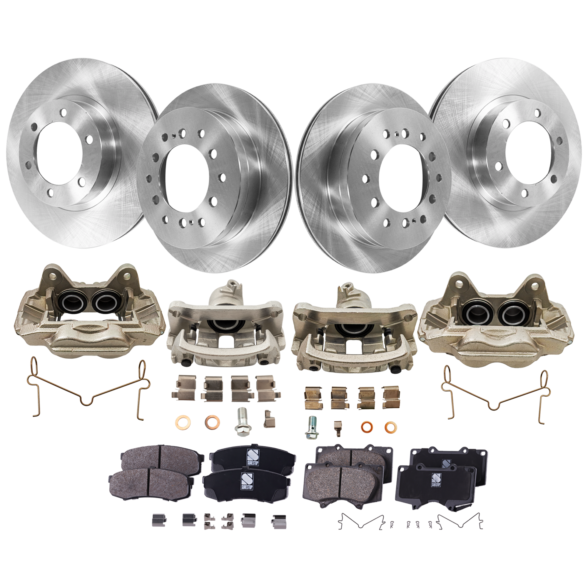 AM 4RUNNER 03-09 FRONT AND REAR BRAKE KIT WITH CALIPERS 4 Wheel Set Includes 4 Brake Caliper 4 Brake Disc and 2 Brake Pad Set Plain Surface 6 Lugs Cast Iron Ceramic SKU KIT 042125-300 OEM 4775060261-4773060261-43512601