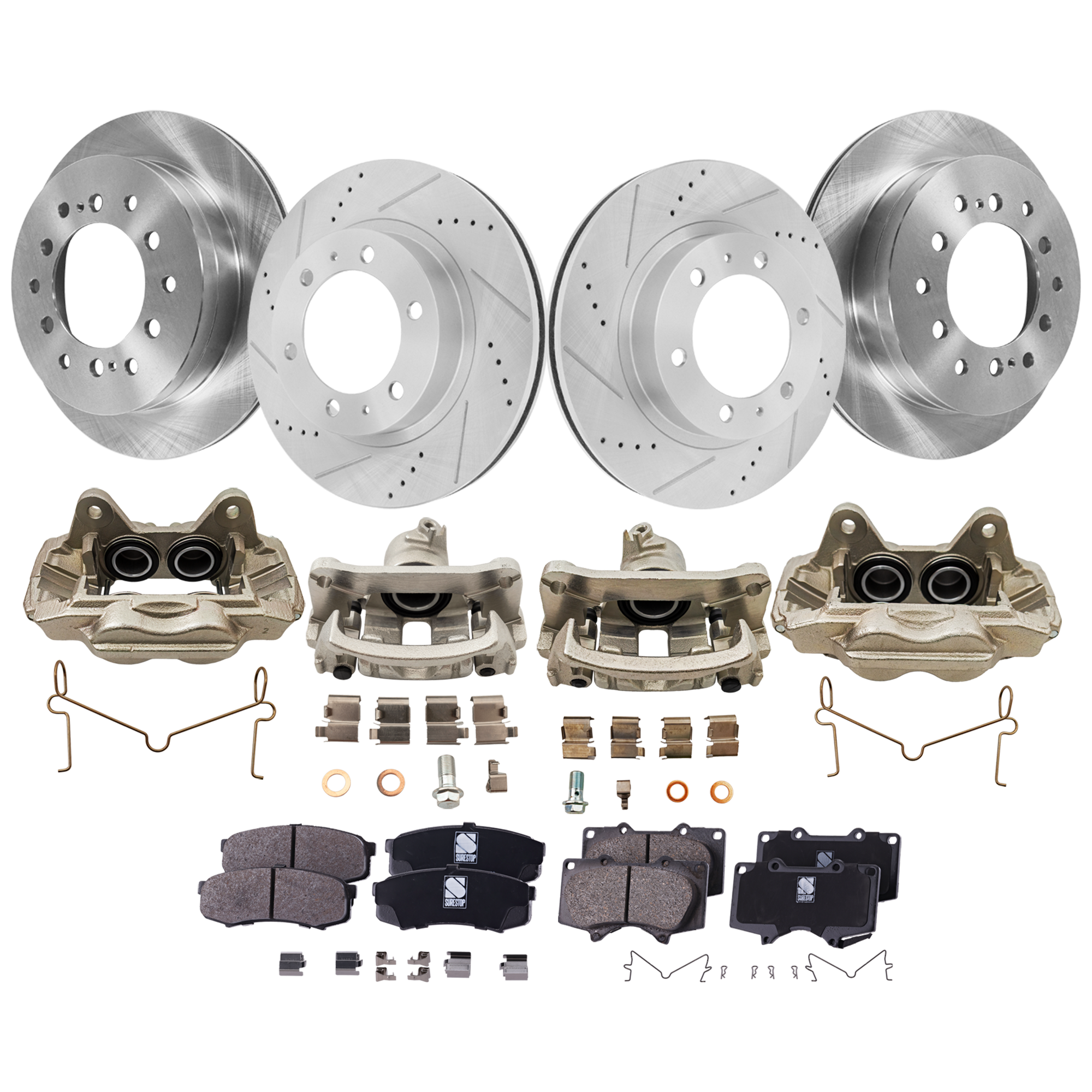 AM 4RUNNER 03-09 FRONT AND REAR BRAKE KIT WITH CALIPERS 4 Wheel Set Includes 4 Brake Caliper 4 Brake Disc and 2 Brake Pad Set Front Cross drilled and Slotted Rear Plain Surface 6 Lugs Cerami SKU KIT 042125-303 OEM 4775060261-4773060261-31327-31