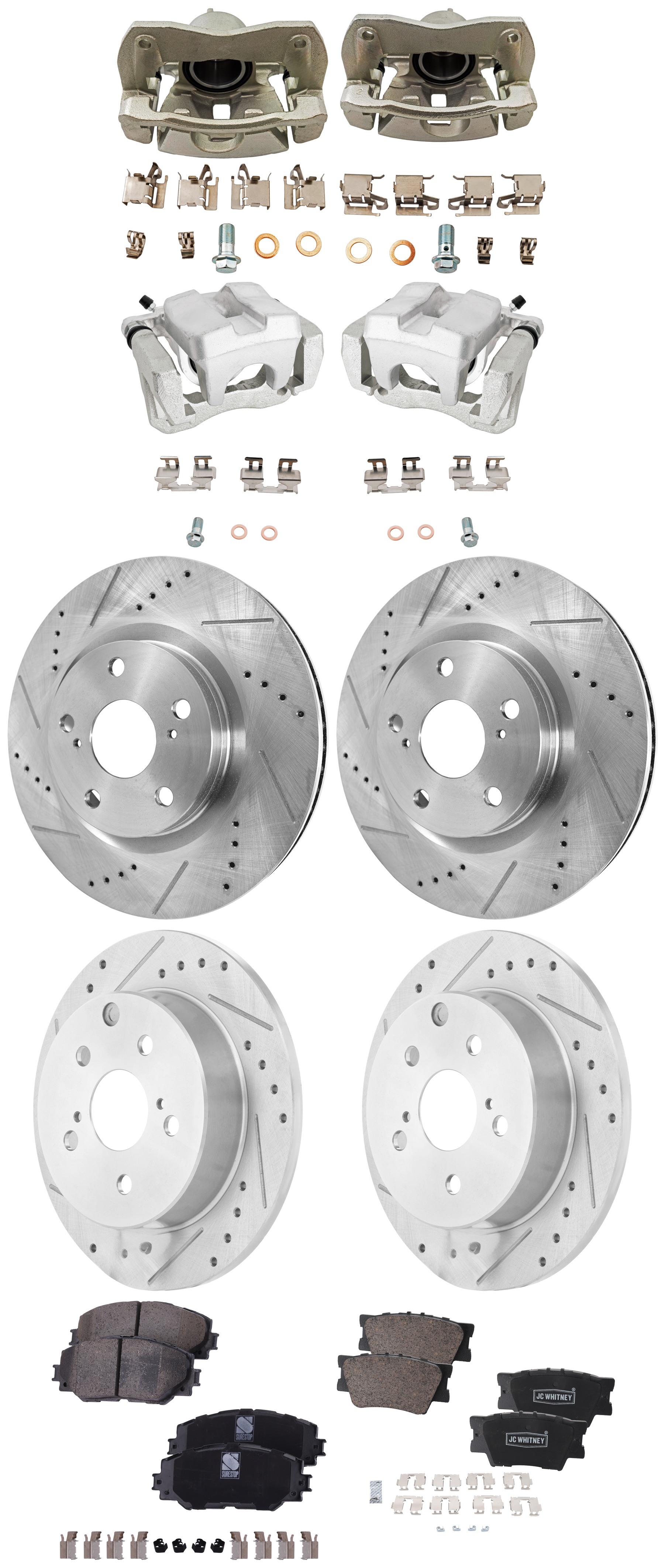AM RAV4-09-10 FRONT AND REAR BRAKE KIT WITH CALIPERS 4 Wheel Set with 4 Brake Caliper 4 Brake Disc and 2 Brake Pad Set Cross drilled and Slotted 5 Lugs Ceramic SKU KIT 042125-316 OEM 31434-31551-44582-44748-145713
