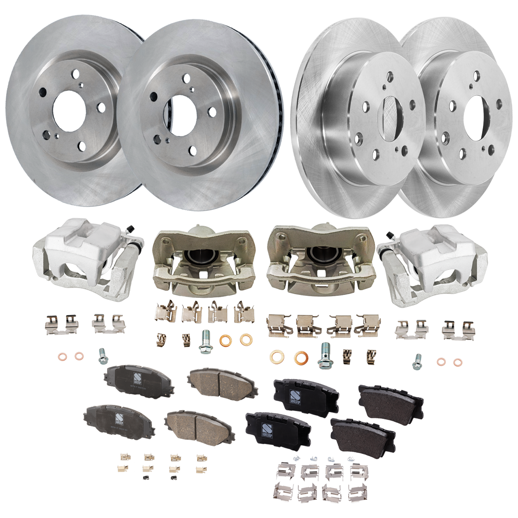 AM RAV4-09-12 FRONT AND REAR BRAKE KIT WITH CALIPERS 4 Wheel Set Includes 4 Brake Caliper 4 Brake Disc and 2 Brake Pad Set Plain Surface 5 Lugs Cast Iron Ceramic SKU KIT 042125-319 OEM 4351242050-4351202250-19184294