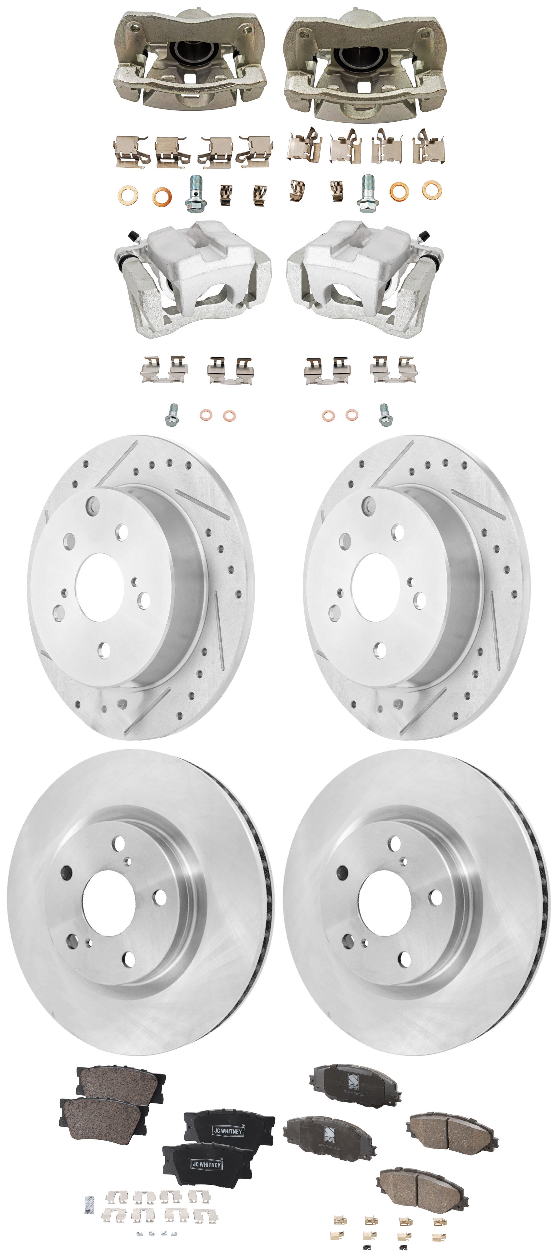 AM RAV4-09-12 FRONT AND REAR BRAKE KIT WITH CALIPERS 4 Wheel Set Includes 4 Brake Caliper 4 Brake Disc and 2 Brake Pad Set Front Plain Surface Rear Cross drilled and Slotted 5 Lugs Cast Iron SKU KIT 042125-320 OEM 4351242050-4351202250-19184294