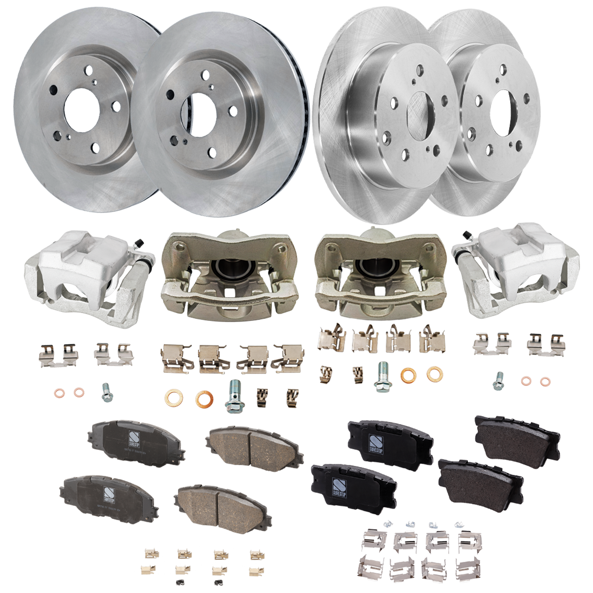 AM RAV4-09-12 FRONT AND REAR BRAKE KIT WITH CALIPERS 4 Wheel Set Includes 4 Brake Caliper 4 Brake Disc and 2 Brake Pad Set Plain Surface 5 Lugs Cast Iron Ceramic SKU KIT 042125-322 OEM 4351242050-4351202250-19184294