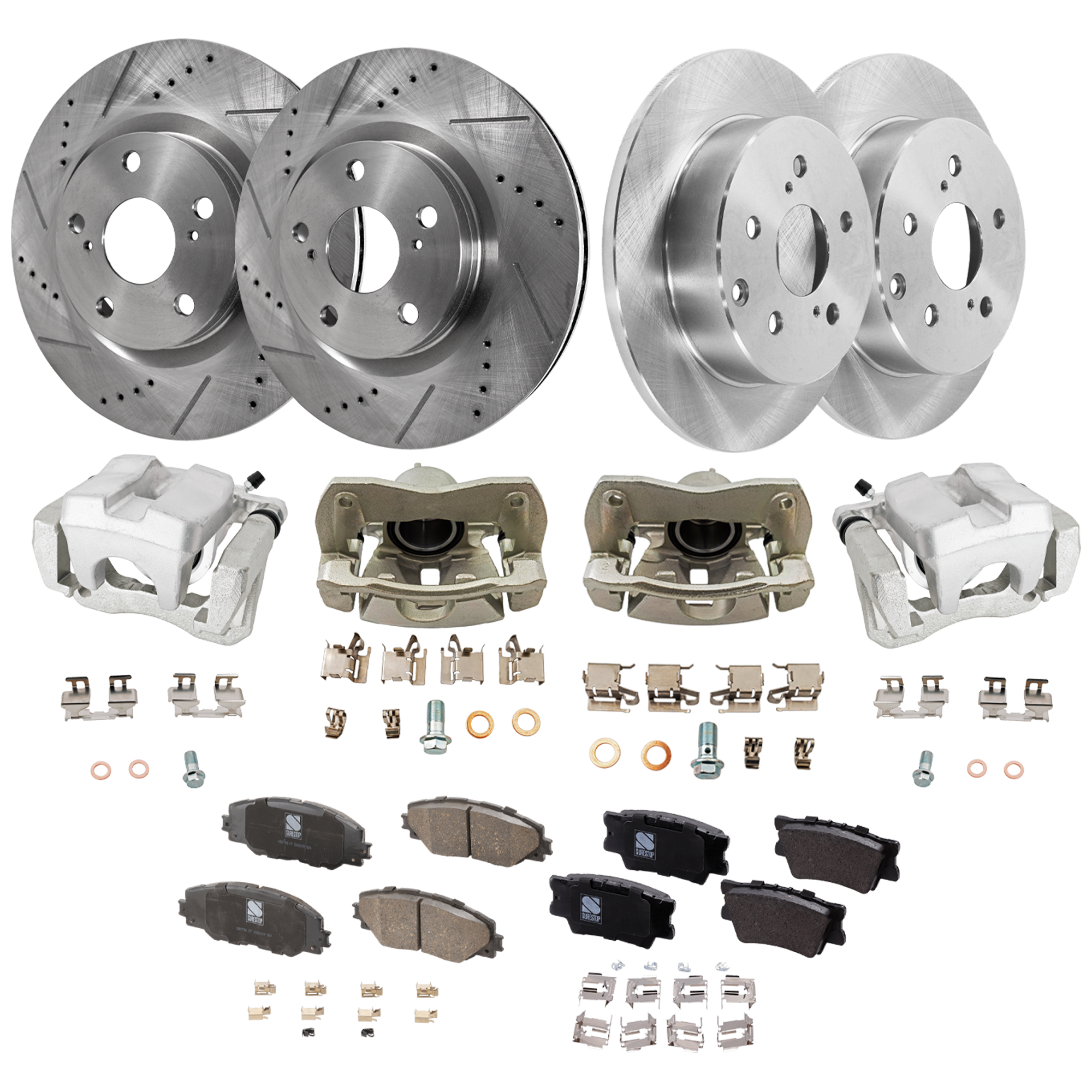 AM RAV4-09-12 FRONT AND REAR BRAKE KIT WITH CALIPERS 4 Wheel Set Includes 4 Brake Caliper 4 Brake Disc and 2 Brake Pad Set Front Cross drilled and Slotted Rear Plain Surface 5 Lugs Ceramic SKU KIT 042125-324 OEM 31434-31551-44582-44748-145713