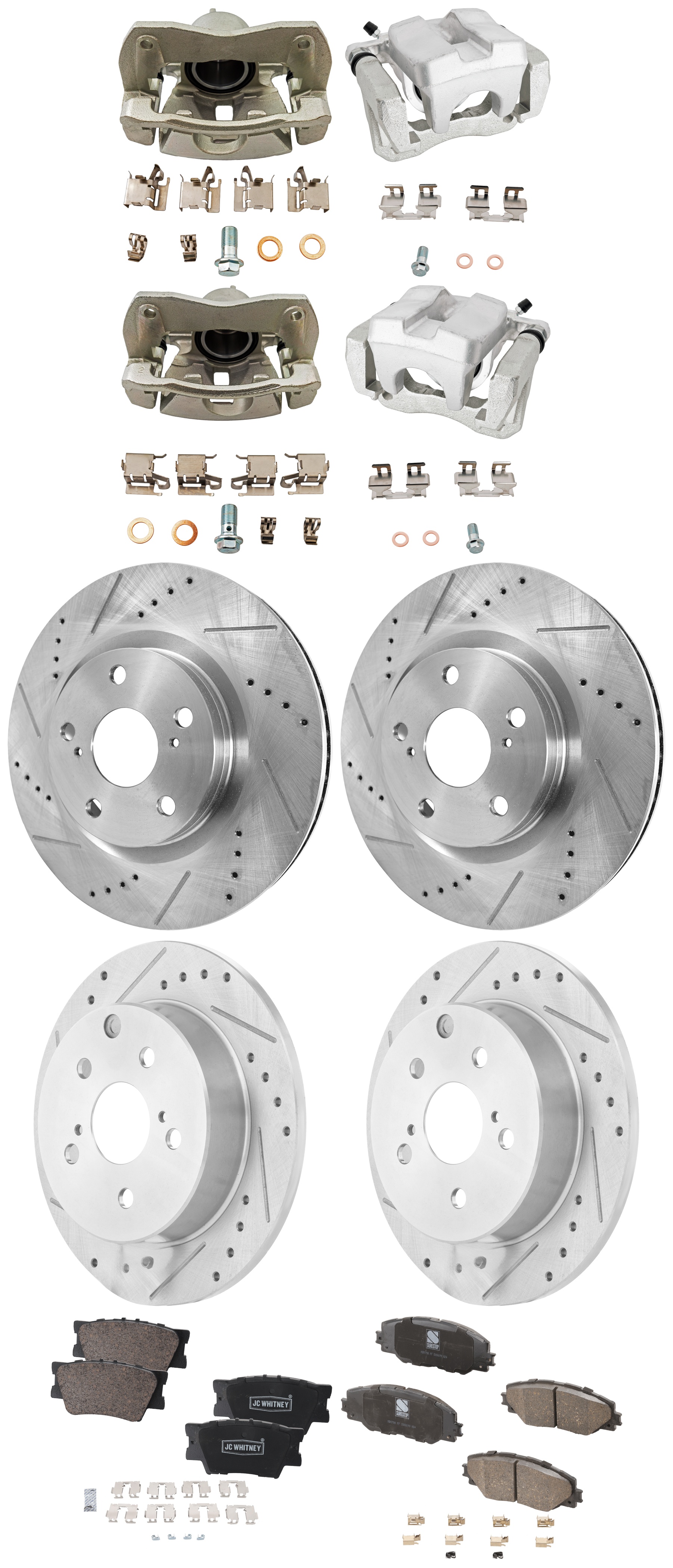 AM RAV4-09-12 FRONT AND REAR BRAKE KIT WITH CALIPERS 4 Wheel Set Includes 4 Brake Caliper 4 Brake Disc and 2 Brake Pad Set Cross drilled and Slotted 5 Lugs Ceramic SKU KIT 042125-325 OEM 31434-31551-44582-44748-145713