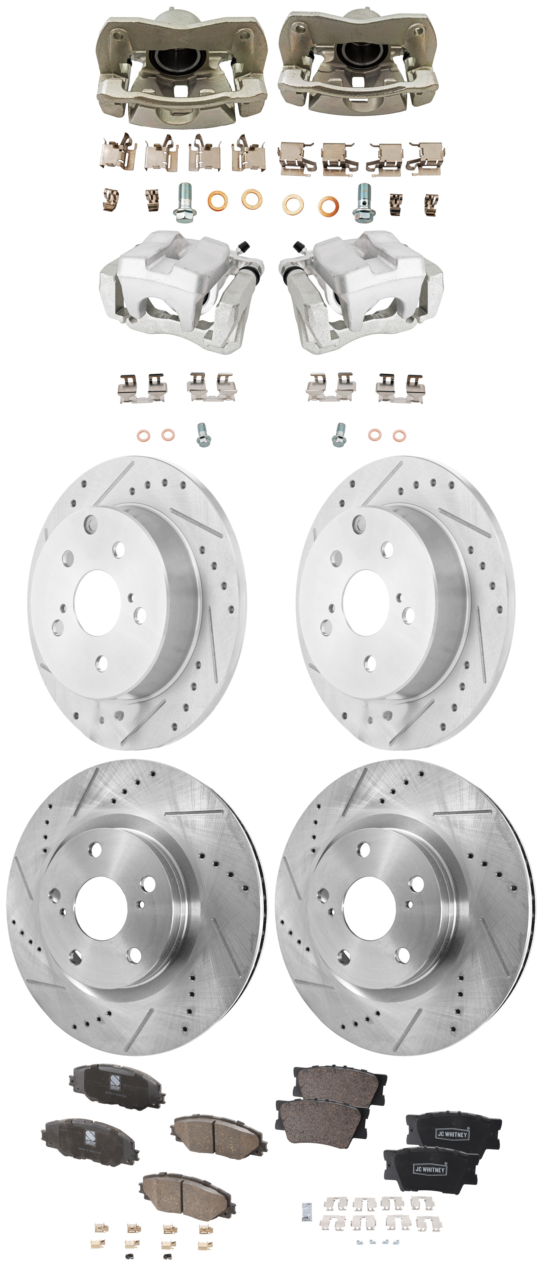 AM RAV4-09-12 FRONT AND REAR BRAKE KIT WITH CALIPERS 4 Wheel Set Includes 4 Brake Caliper 4 Brake Disc and 2 Brake Pad Set Cross drilled and Slotted 5 Lugs Ceramic SKU KIT 042125-327 OEM 31434-31551-44582-44748-145713