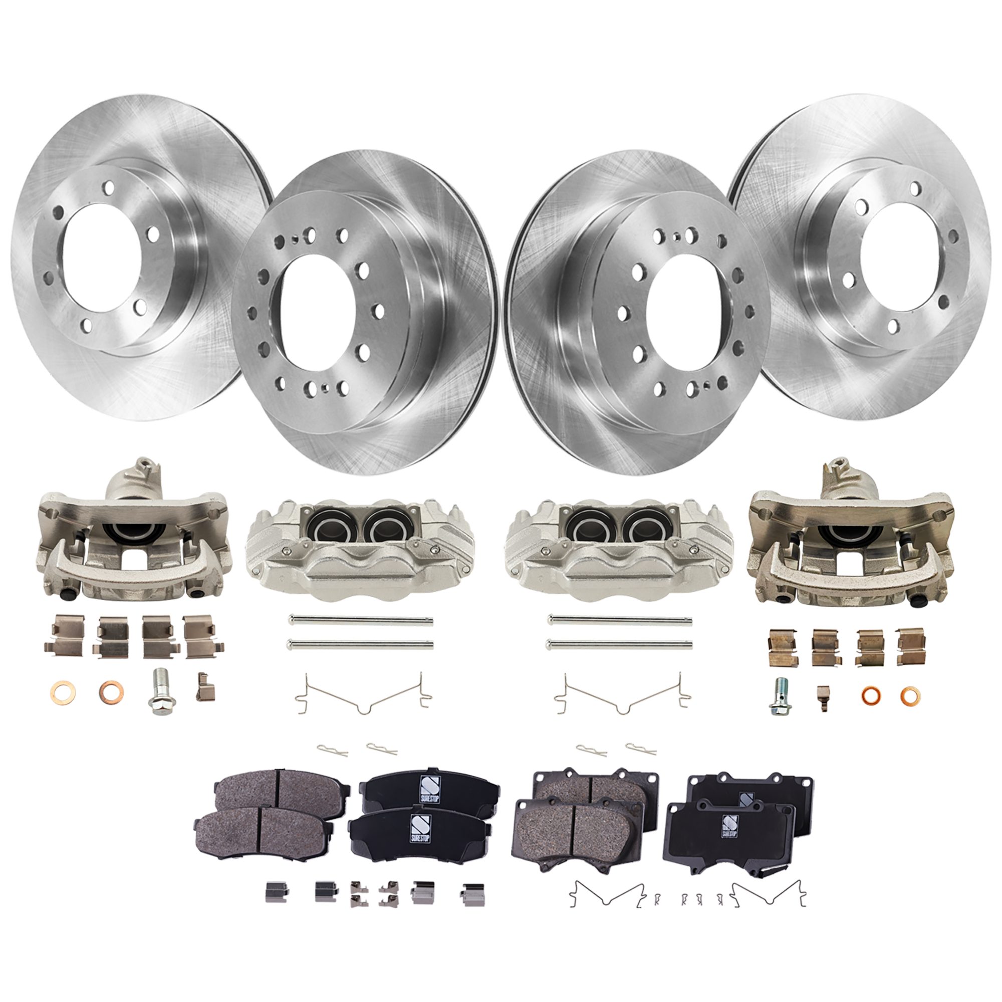 AM 4RUNNER 03-05 FRONT AND REAR BRAKE KIT WITH CALIPERS 4 Wheel Set Includes 4 Brake Caliper 4 Brake Disc and 2 Brake Pad Set Plain Surface 6 Lugs Cast Iron Ceramic SKU KIT 042125-335 OEM 4775035170-4773035170-477300C0