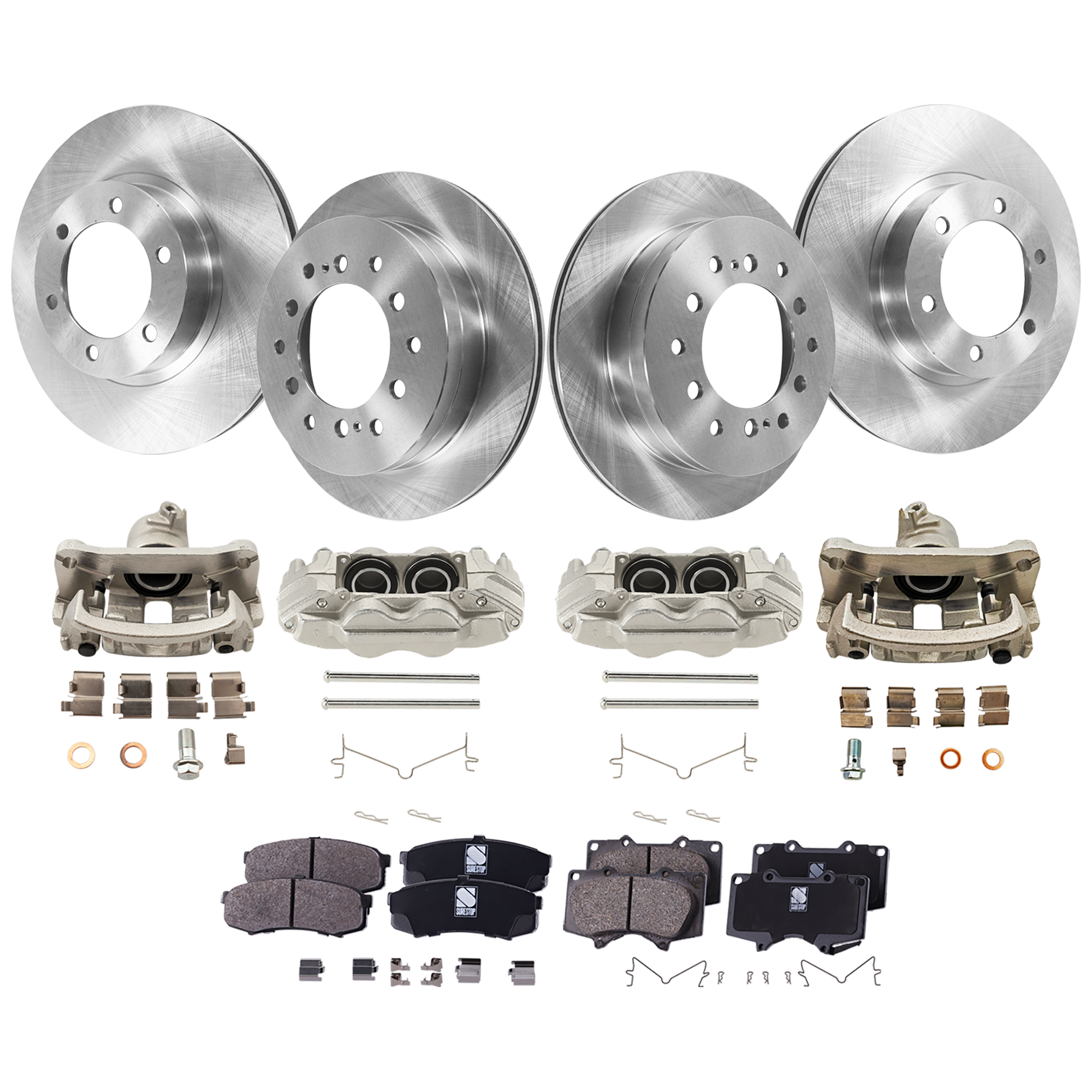 AM 4RUNNER 03-05 FRONT AND REAR BRAKE KIT WITH CALIPERS 4 Wheel Set Includes 4 Brake Caliper 4 Brake Disc and 2 Brake Pad Set Plain Surface 6 Lugs Cast Iron Ceramic SKU KIT 042125-336 OEM 4775035170-4773035170-477300C0