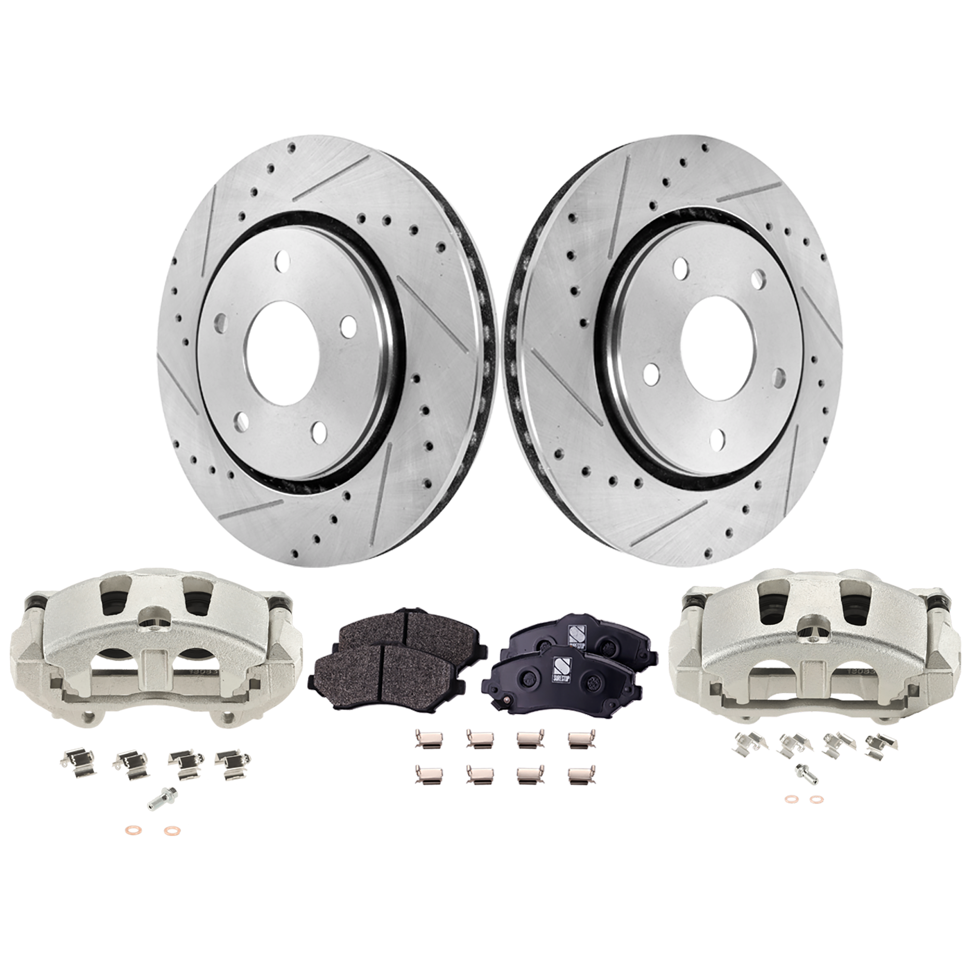 AM JOURNEY 12-13 FRONT BRAKE KIT WITH CALIPERS 2 Wheel Set Includes 2 Brake Caliper 2 Brake Disc and 1 Brake Pad Set Cross drilled and Slotted 5 Lugs Semi Metallic SKU KIT 042125-33 OEM 19301-43166-43537-53051-53052
