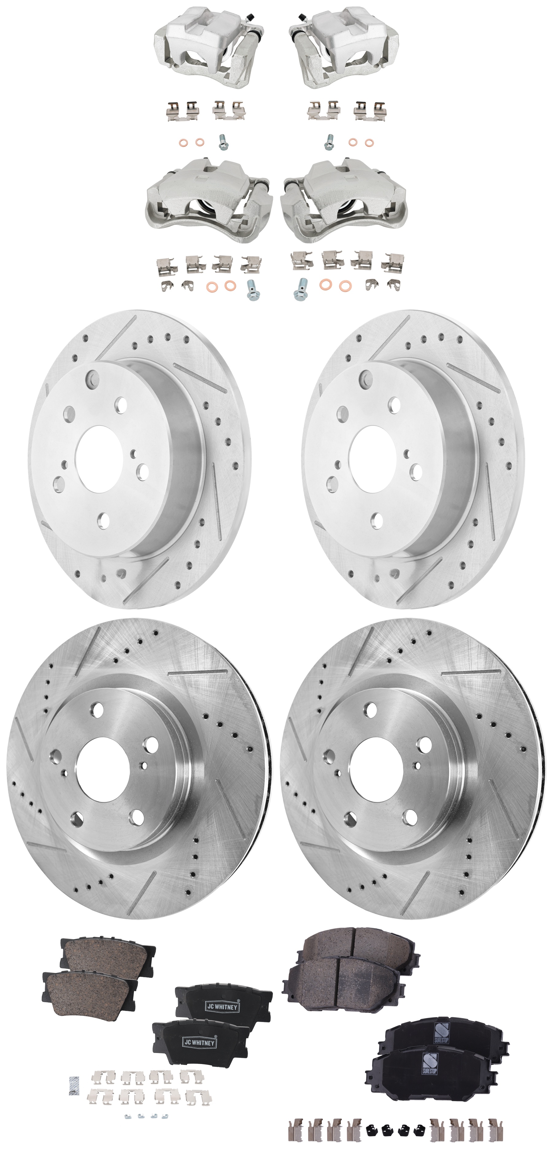 AM RAV4-09-10 FRONT AND REAR BRAKE KIT WITH CALIPERS 4 Wheel Set with 4 Brake Caliper 4 Brake Disc and 2 Brake Pad Set Cross drilled and Slotted 5 Lugs Ceramic SKU KIT 042125-342 OEM 31434-31551-44582-44748-145713