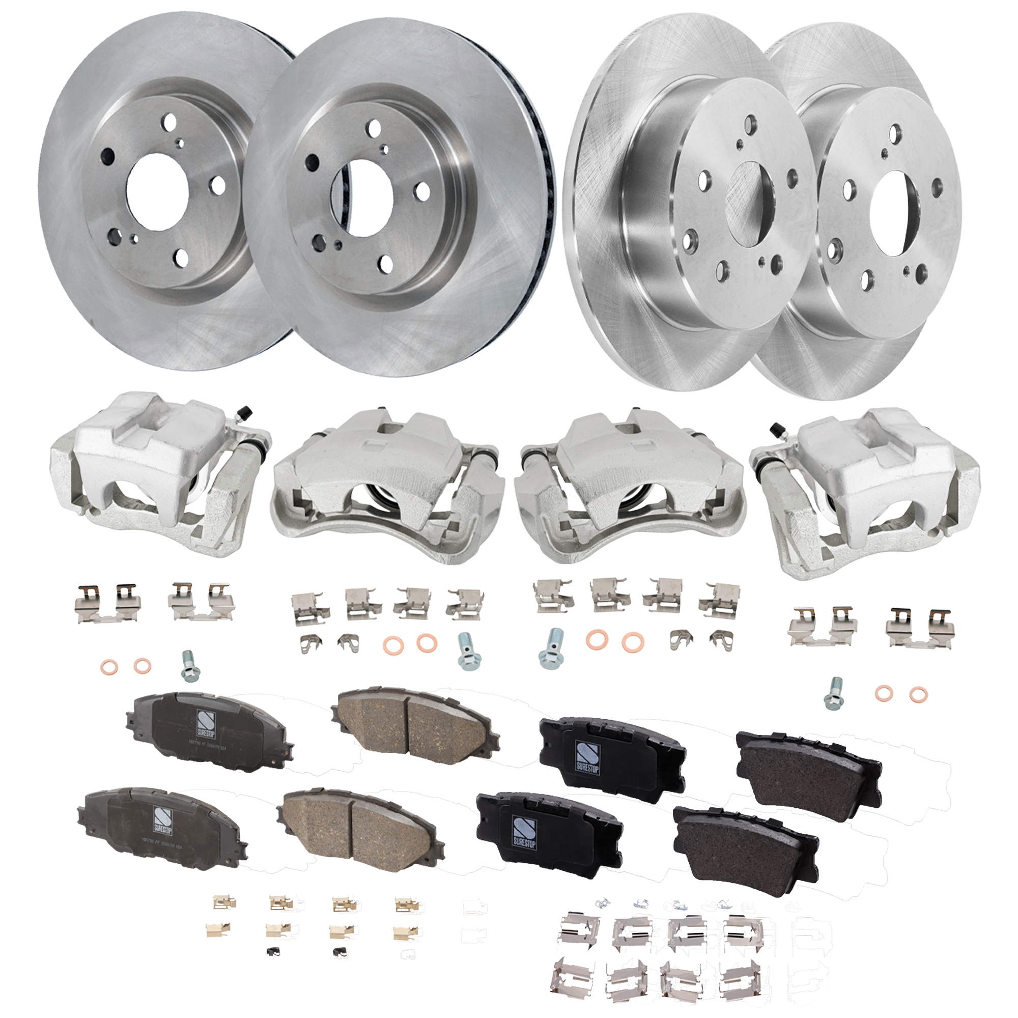 AM RAV4-09-12 FRONT AND REAR BRAKE KIT WITH CALIPERS 4 Wheel Set Includes 4 Brake Caliper 4 Brake Disc and 2 Brake Pad Set Plain Surface 5 Lugs Cast Iron Ceramic SKU KIT 042125-345 OEM 4351242050-4351202250-19184294