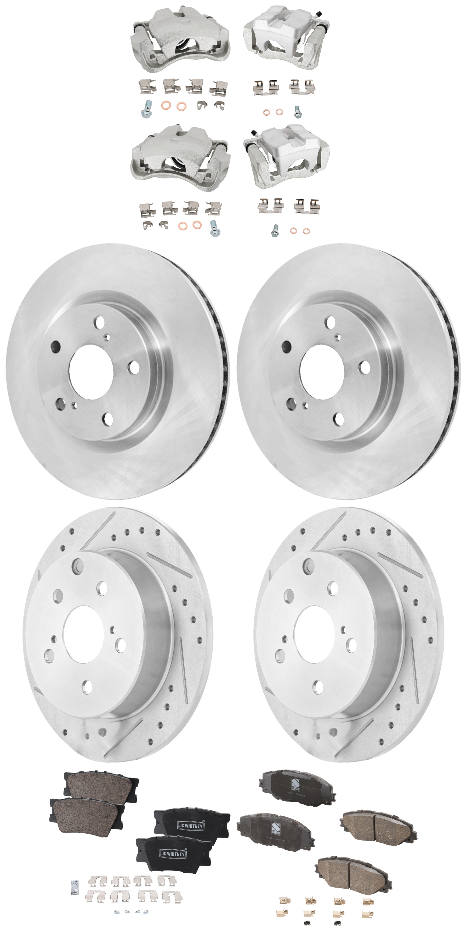 AM RAV4-09-12 FRONT AND REAR BRAKE KIT WITH CALIPERS 4 Wheel Set Includes 4 Brake Caliper 4 Brake Disc and 2 Brake Pad Set Front Plain Surface Rear Cross drilled and Slotted 5 Lugs Cast Iron SKU KIT 042125-346 OEM 4351242050-4351202250-19184294