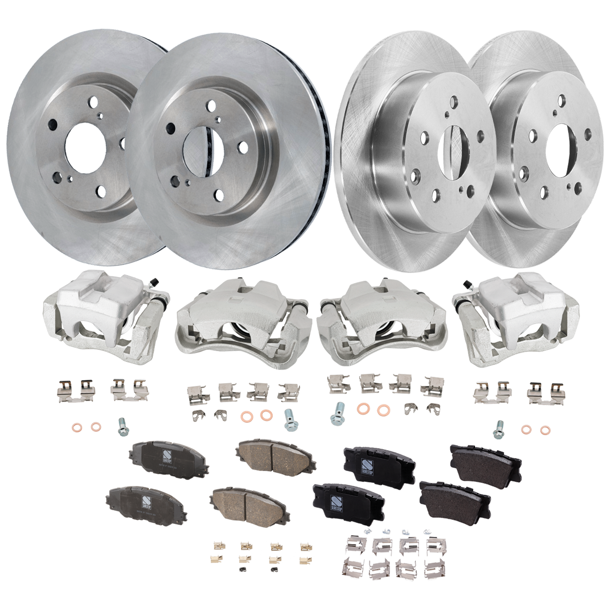 AM RAV4-09-12 FRONT AND REAR BRAKE KIT WITH CALIPERS 4 Wheel Set Includes 4 Brake Caliper 4 Brake Disc and 2 Brake Pad Set Plain Surface 5 Lugs Cast Iron Ceramic SKU KIT 042125-348 OEM 4351242050-4351202250-19184294