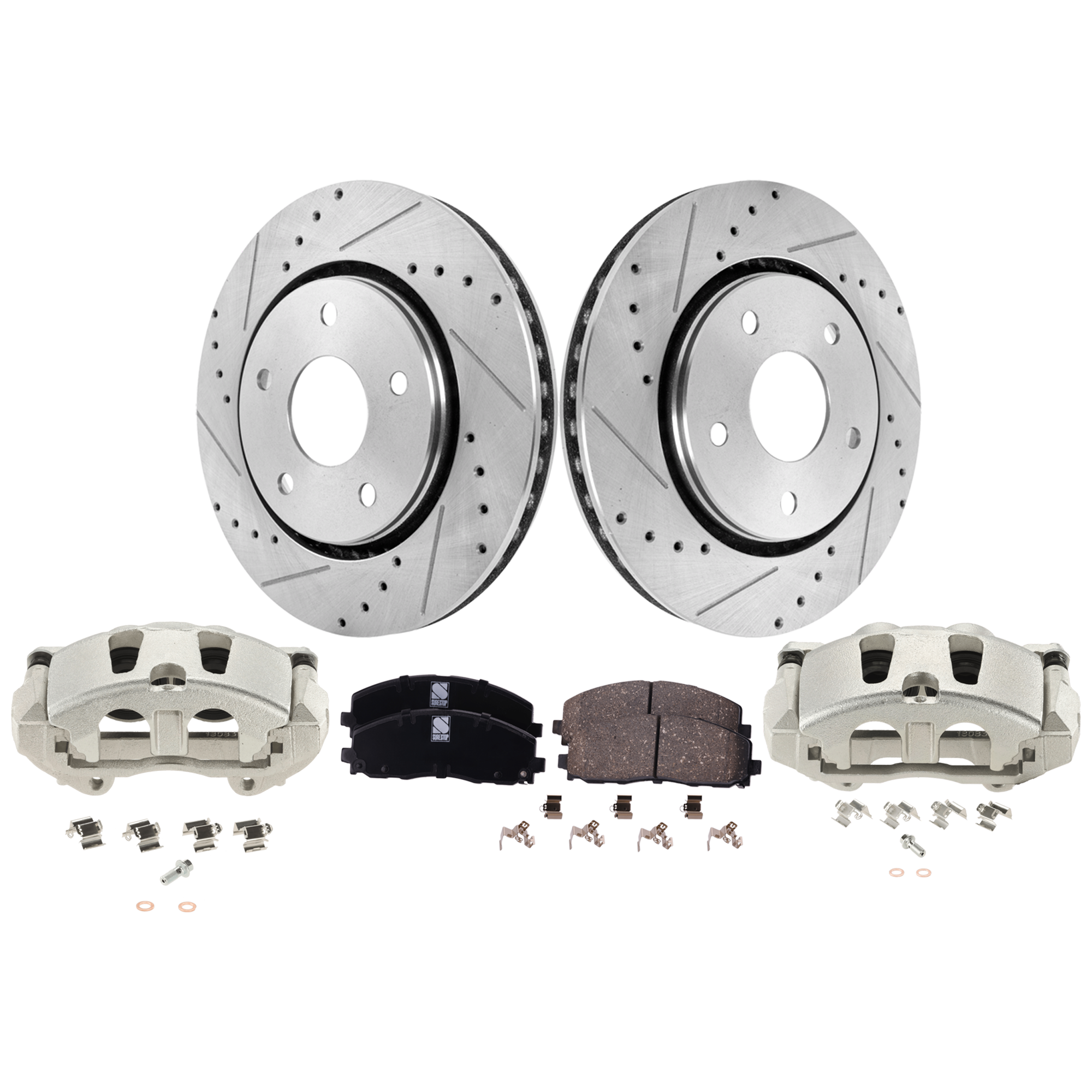 AM JOURNEY 12-13 FRONT BRAKE KIT WITH CALIPERS 2 Wheel Set Includes 2 Brake Caliper 2 Brake Disc and 1 Brake Pad Set Cross drilled and Slotted 5 Lugs Ceramic SKU KIT 042125-34 OEM 19301-43166-43537-53051-53052