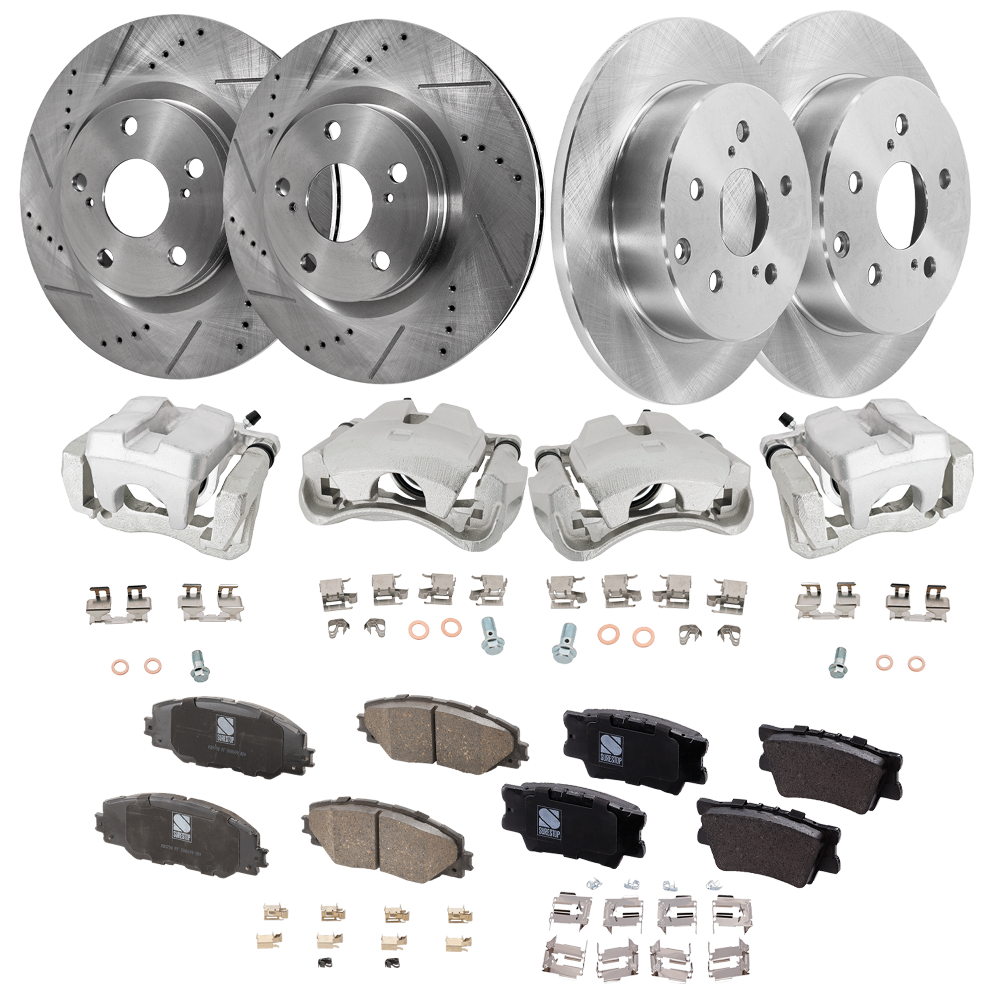 AM RAV4-09-12 FRONT AND REAR BRAKE KIT WITH CALIPERS 4 Wheel Set Includes 4 Brake Caliper 4 Brake Disc and 2 Brake Pad Set Front Cross drilled and Slotted Rear Plain Surface 5 Lugs Ceramic SKU KIT 042125-350 OEM 31434-31551-44582-44748-145713