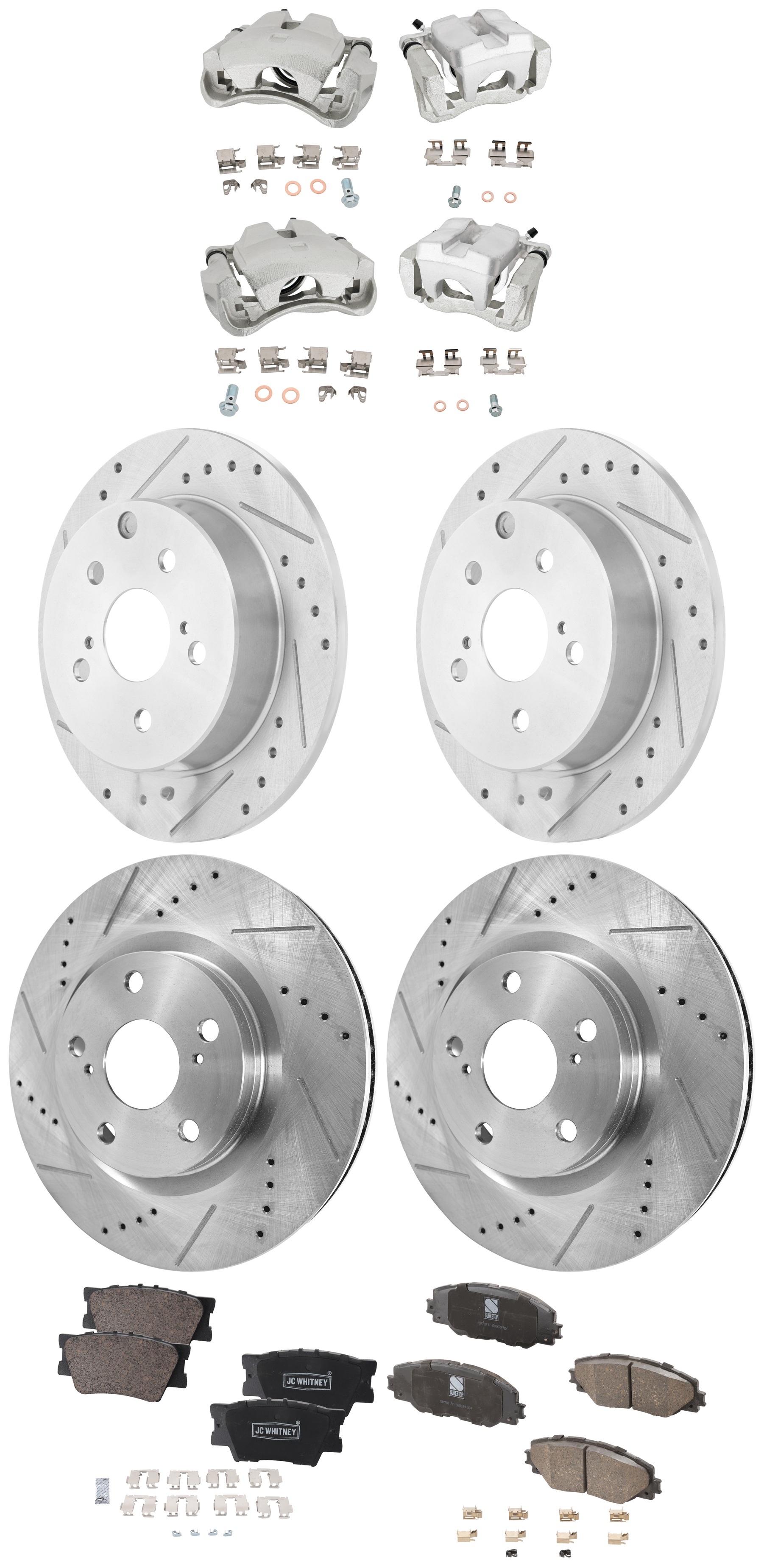 AM RAV4-09-12 FRONT AND REAR BRAKE KIT WITH CALIPERS 4 Wheel Set Includes 4 Brake Caliper 4 Brake Disc and 2 Brake Pad Set Cross drilled and Slotted 5 Lugs Ceramic SKU KIT 042125-351 OEM 31434-31551-44582-44748-145713