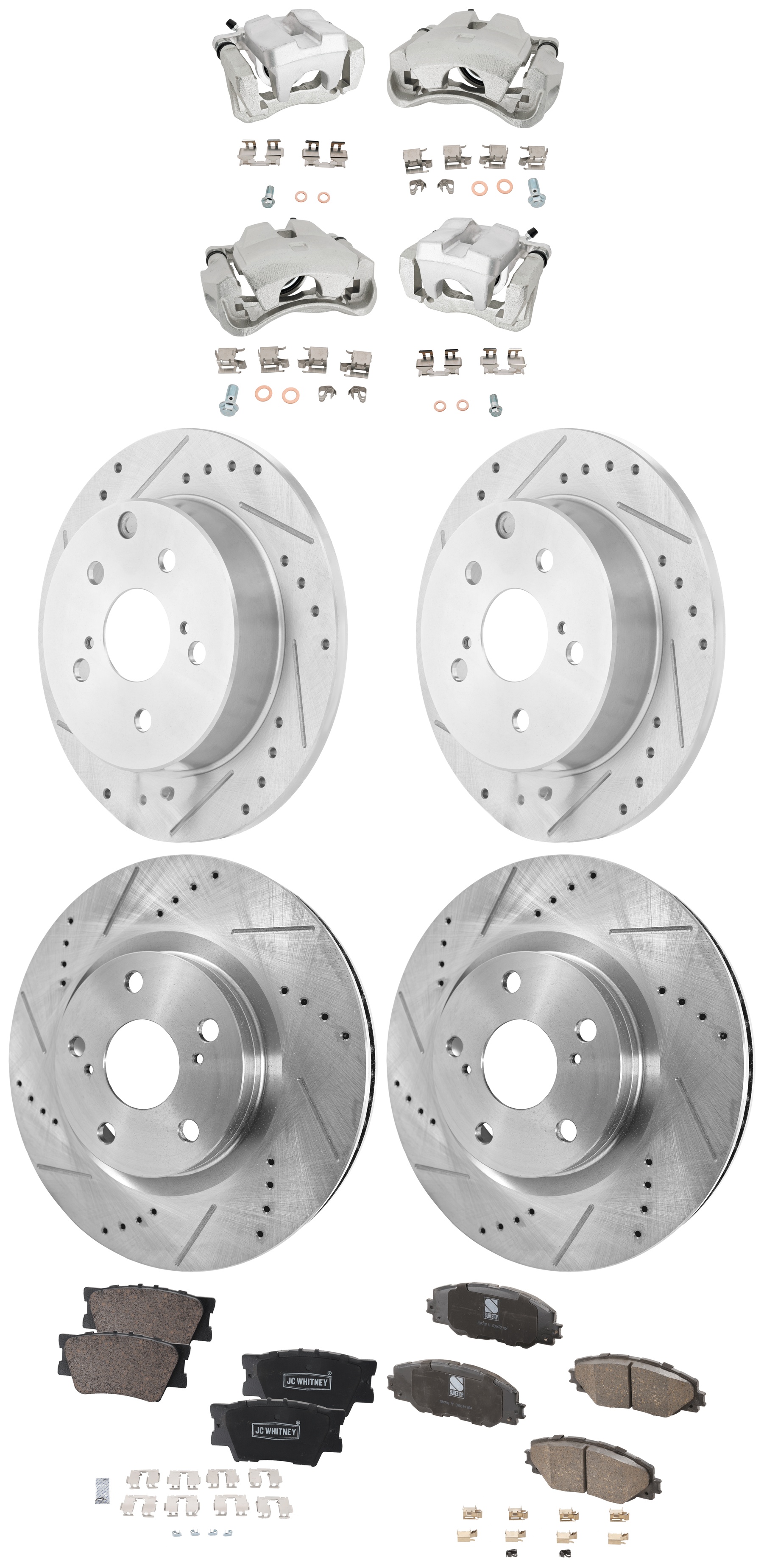 AM RAV4-09-12 FRONT AND REAR BRAKE KIT WITH CALIPERS 4 Wheel Set Includes 4 Brake Caliper 4 Brake Disc and 2 Brake Pad Set Cross drilled and Slotted 5 Lugs Ceramic SKU KIT 042125-353 OEM 31434-31551-44582-44748-145713