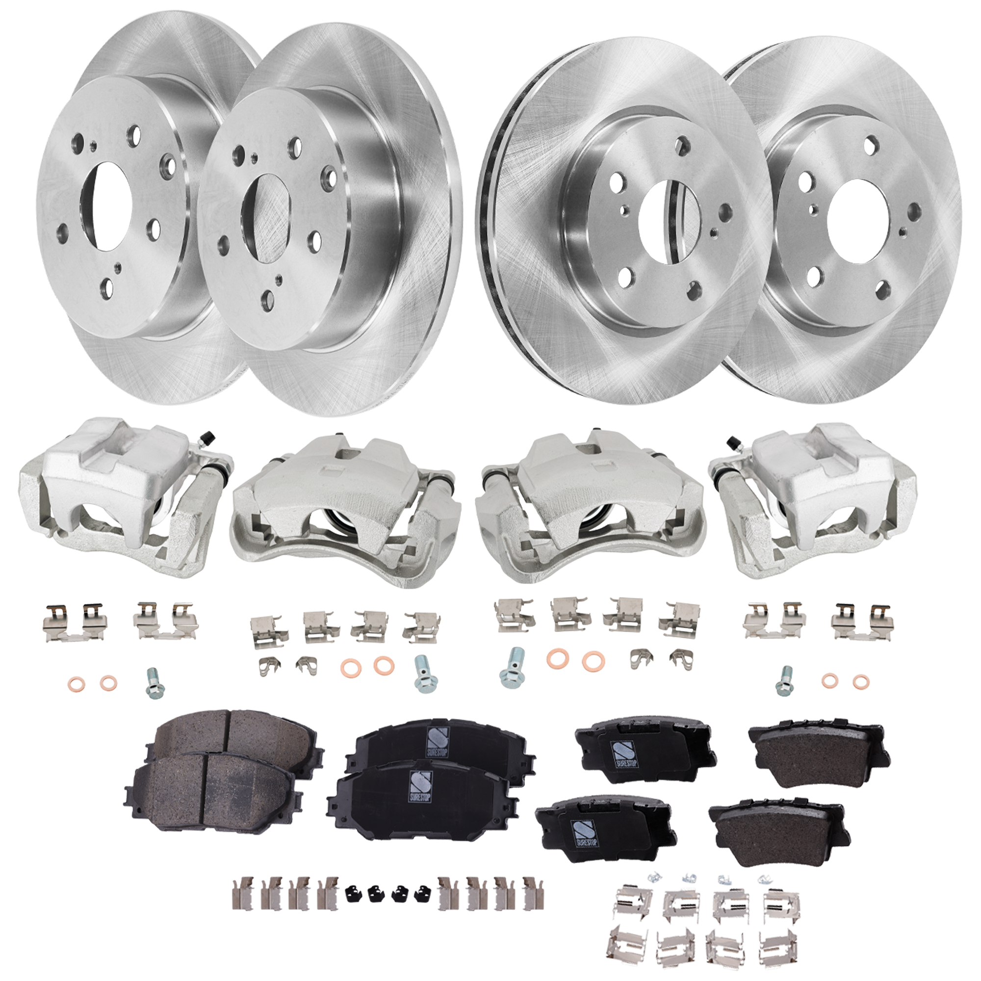 AM RAV4-09-12 FRONT AND REAR BRAKE KIT WITH CALIPERS 4 Wheel Set with 4 Brake Caliper 4 Brake Disc and 2 Brake Pad Set Plain Surface 5 Lugs Cast Iron Ceramic SKU KIT 042125-354 OEM 4351242040 CH37A036-4351230320