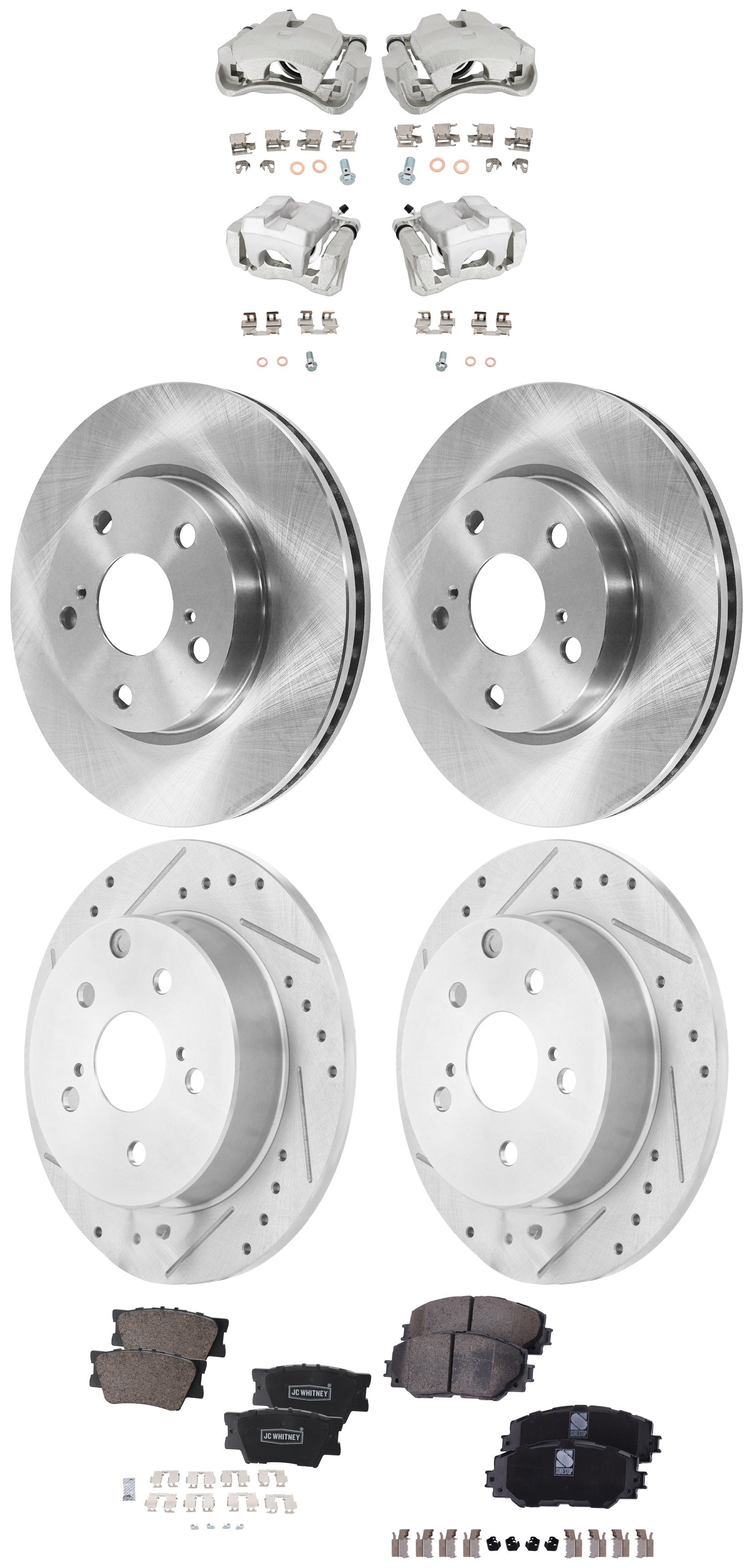 AM RAV4-09-12 FRONT AND REAR BRAKE KIT WITH CALIPERS 4 Wheel Set with 4 Brake Caliper 4 Brake Disc and 2 Brake Pad Set Front Plain Surface Rear Cross drilled and Slotted 5 Lugs Cast Iron SKU KIT 042125-355 OEM 4351242040 CH37A036-31443-4465