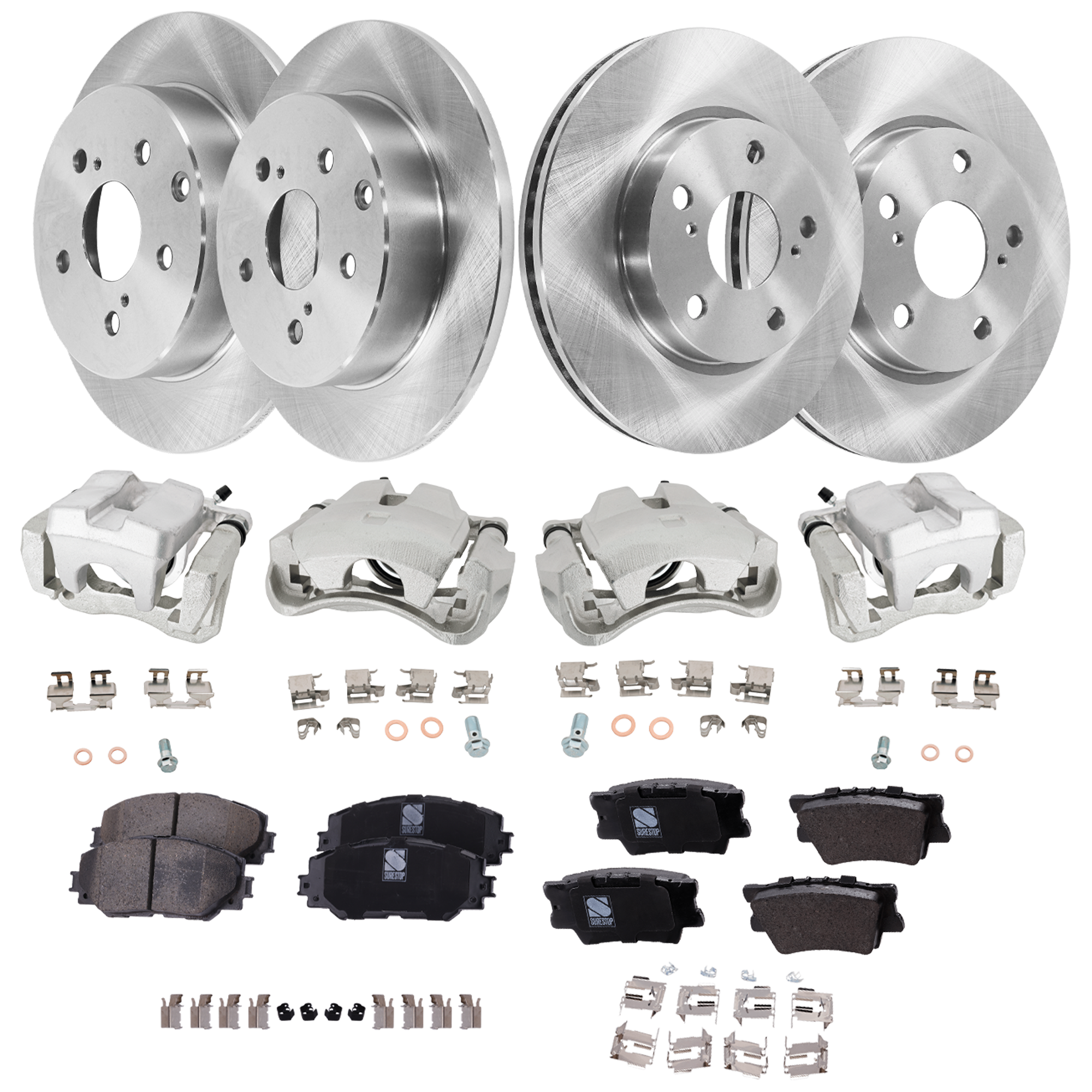AM RAV4-09-12 FRONT AND REAR BRAKE KIT WITH CALIPERS 4 Wheel Set with 4 Brake Caliper 4 Brake Disc and 2 Brake Pad Set Plain Surface 5 Lugs Cast Iron Ceramic SKU KIT 042125-357 OEM 4351242040 CH37A036-4351230320