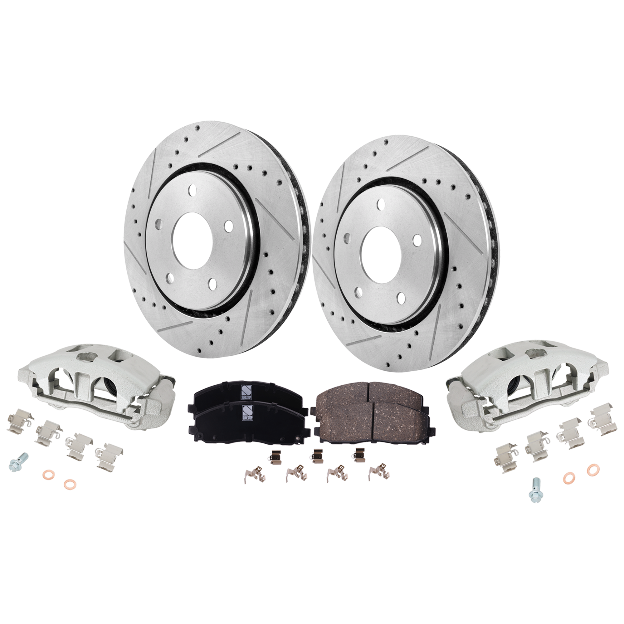 AM ROUTAN 12-14 FRONT BRAKE KIT WITH CALIPERS 2 Wheel Set Includes 2 Brake Caliper 2 Brake Disc and 1 Brake Pad Set Cross drilled and Slotted 5 Lugs Ceramic SKU KIT 042125-38 OEM 19301-43166-43537-53051-53052
