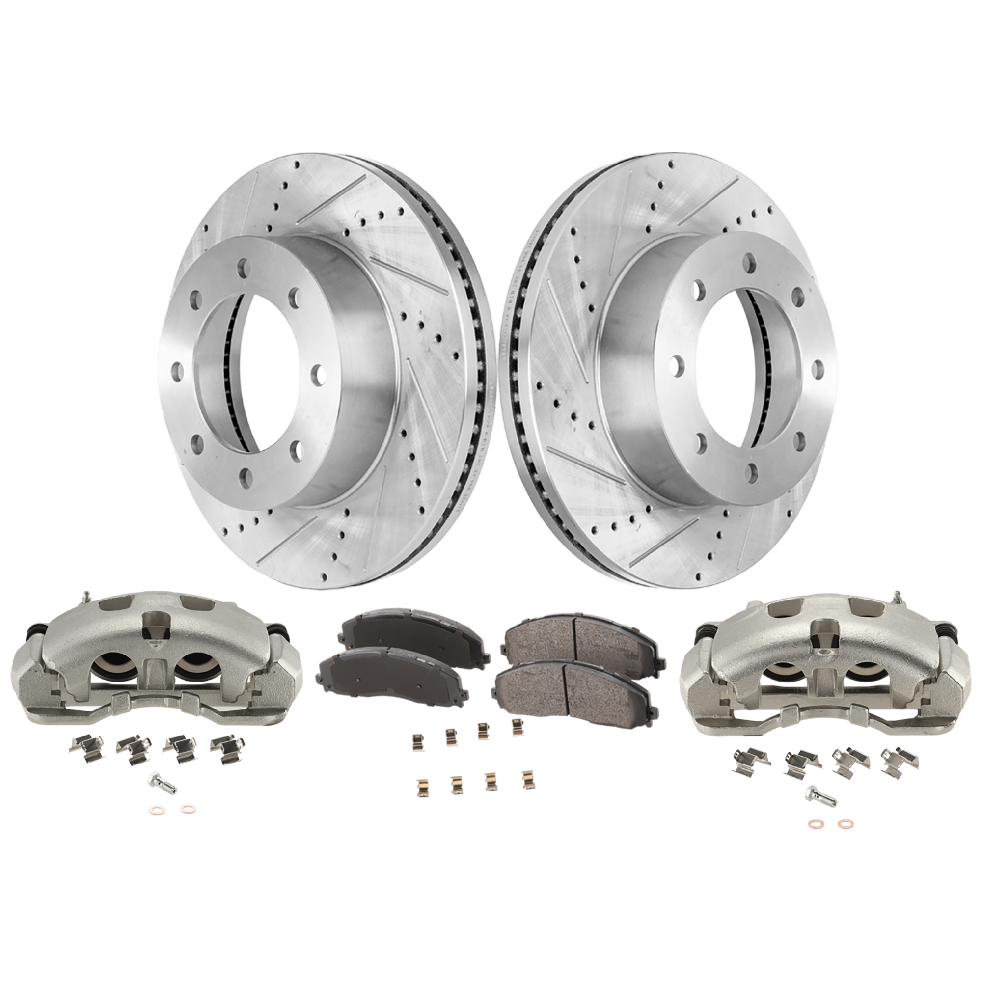 AM F 250 SUPER DUTY 13-22 F 450 SUPER DUTY 13-15 FRONT BRAKE KIT WITH CALIPERS 2 Wheel Set Includes 2 Brake Caliper 2 Brake Disc and 1 Brake Pad Set Cross drilled and Slotted 8 Lugs Semi Met SKU KIT 042125-50 OEM 42292-681016-850349-60054223-6