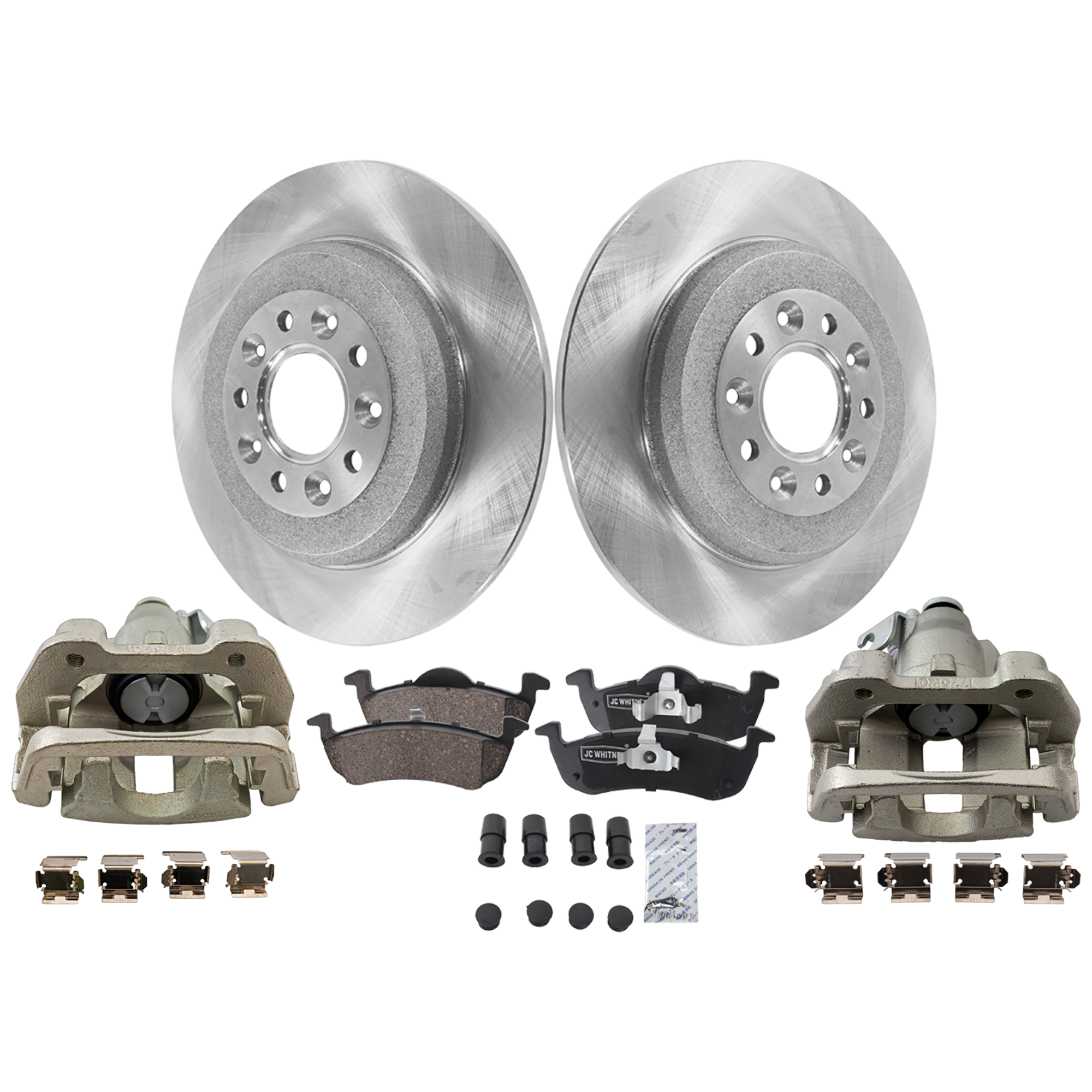 AM MKT 13-19 REAR BRAKE KIT WITH CALIPERS 2 Wheel Set Includes 2 Brake Caliper 2 Brake Disc and 1 Brake Pad Set Plain Surface 5 Lugs Cast Iron Ceramic SKU KIT 042125-57 OEM 5F9Z2C026BA 7L1Z2200A 7L1Z2200