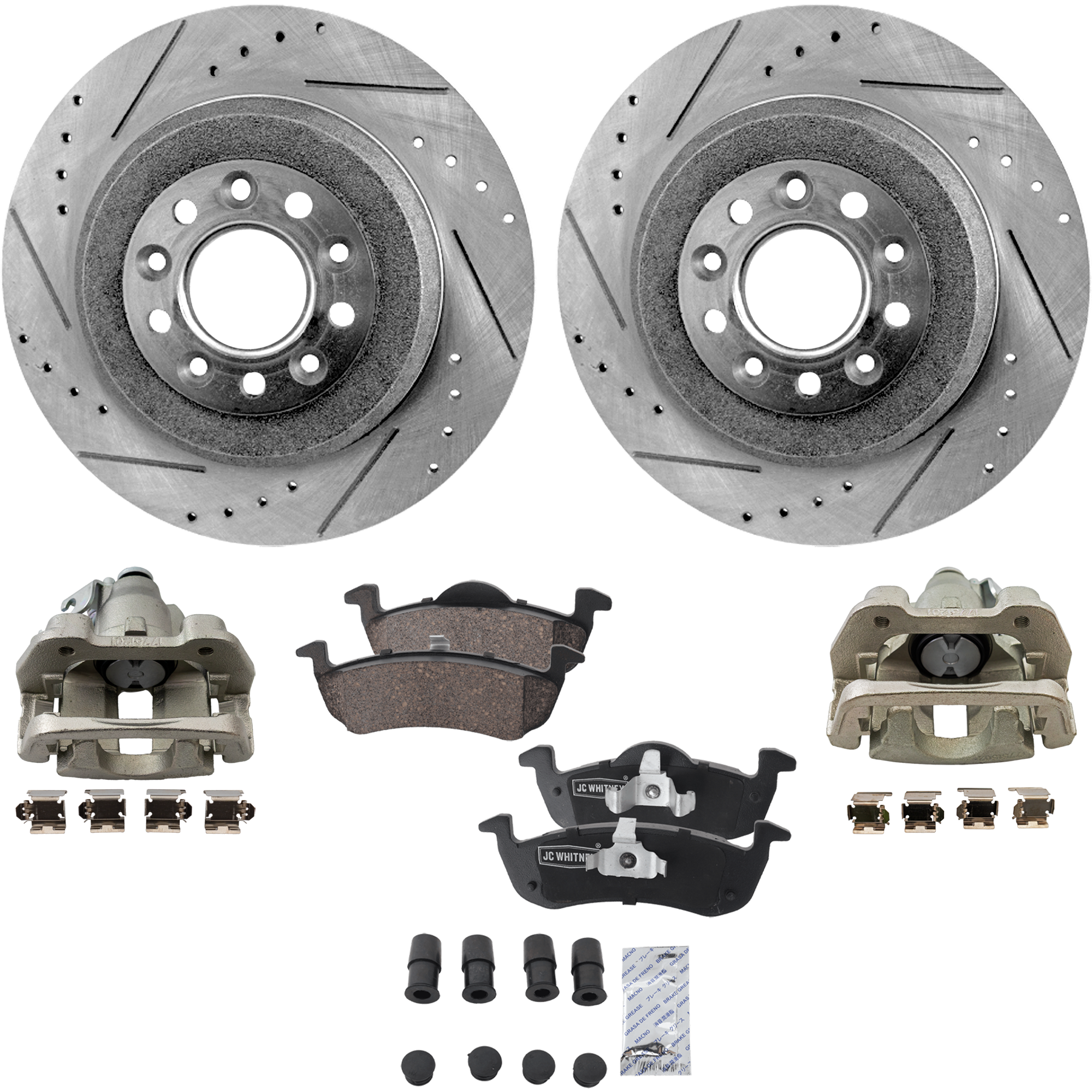 AM MKT 13-19 REAR BRAKE KIT WITH CALIPERS 2 Wheel Set Includes 2 Brake Caliper 2 Brake Disc and 1 Brake Pad Set Cross drilled and Slotted 5 Lugs Ceramic SKU KIT 042125-58 OEM 19362-42146-42266-54125-54165
