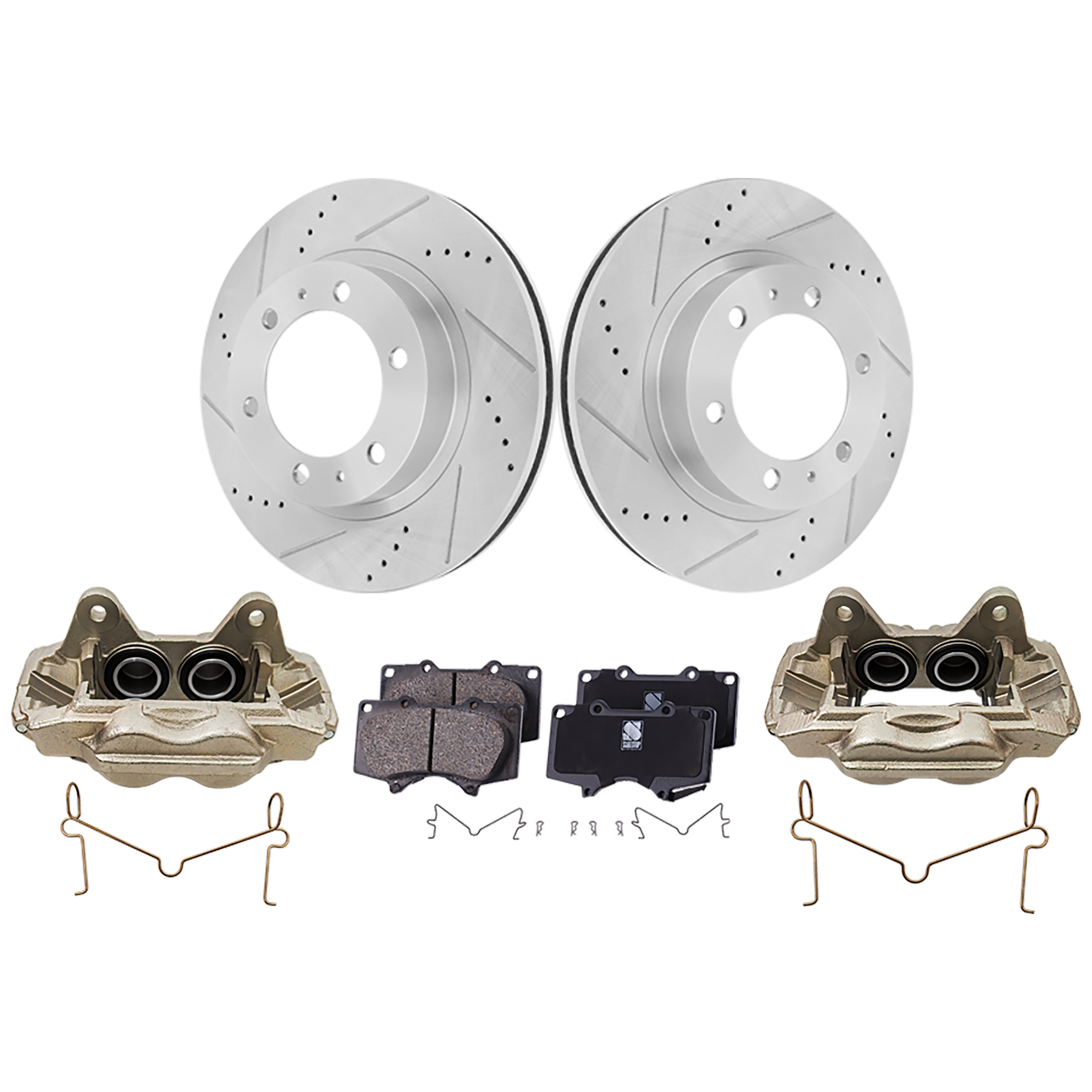 AM 4RUNNER 03-09 FRONT BRAKE KIT WITH CALIPERS 2 Wheel Set Includes 2 Brake Caliper 2 Brake Disc and 1 Brake Pad Set Cross drilled and Slotted 6 Lugs Ceramic SKU KIT 042125-75 OEM 4775060261-4773060261-31327-31