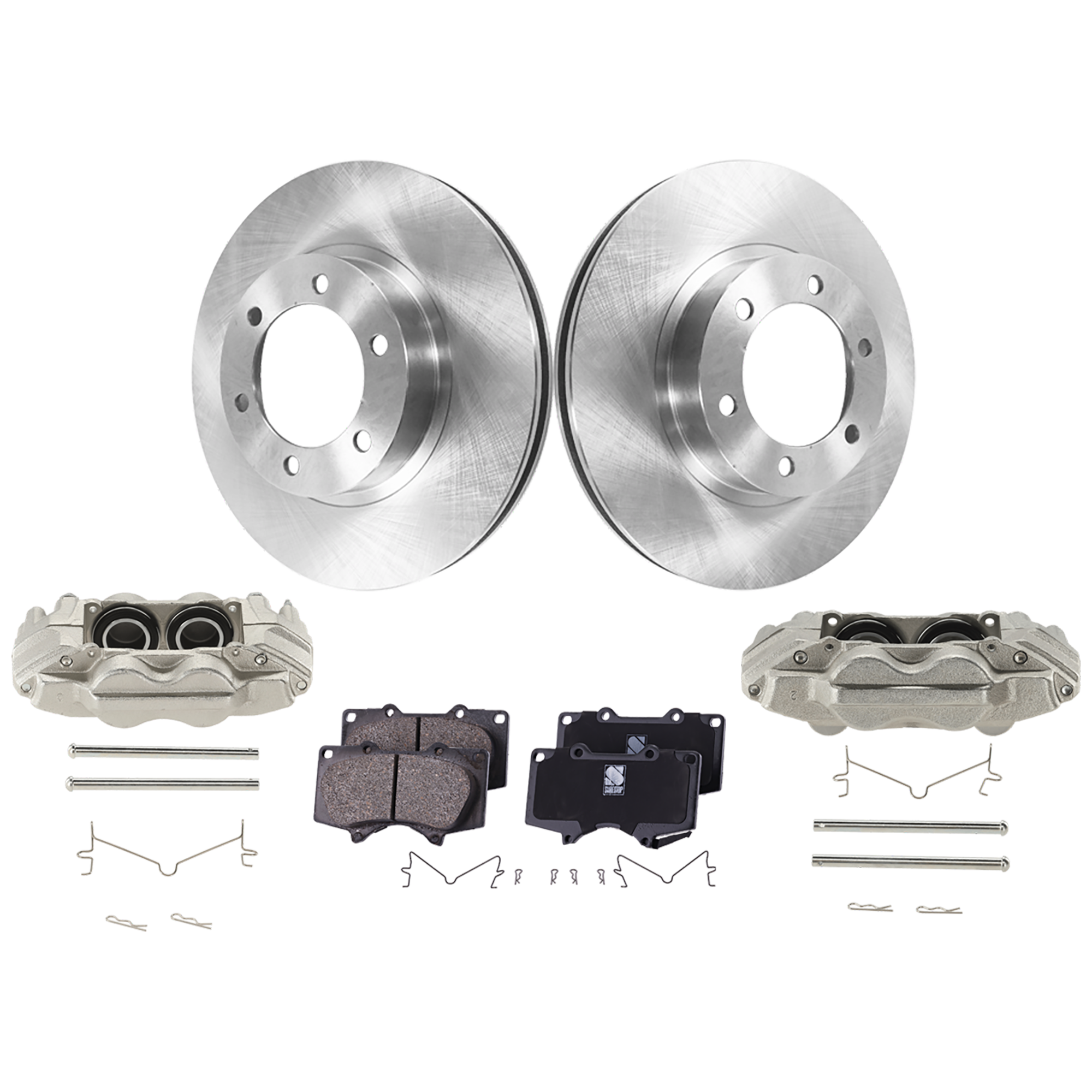 AM 4RUNNER 03-05 FRONT BRAKE KIT WITH CALIPERS 2 Wheel Set Includes 2 Brake Caliper 2 Brake Disc and 1 Brake Pad Set Plain Surface 6 Lugs Cast Iron Ceramic SKU KIT 042125-77 OEM 4351260150-4351260151-04465040