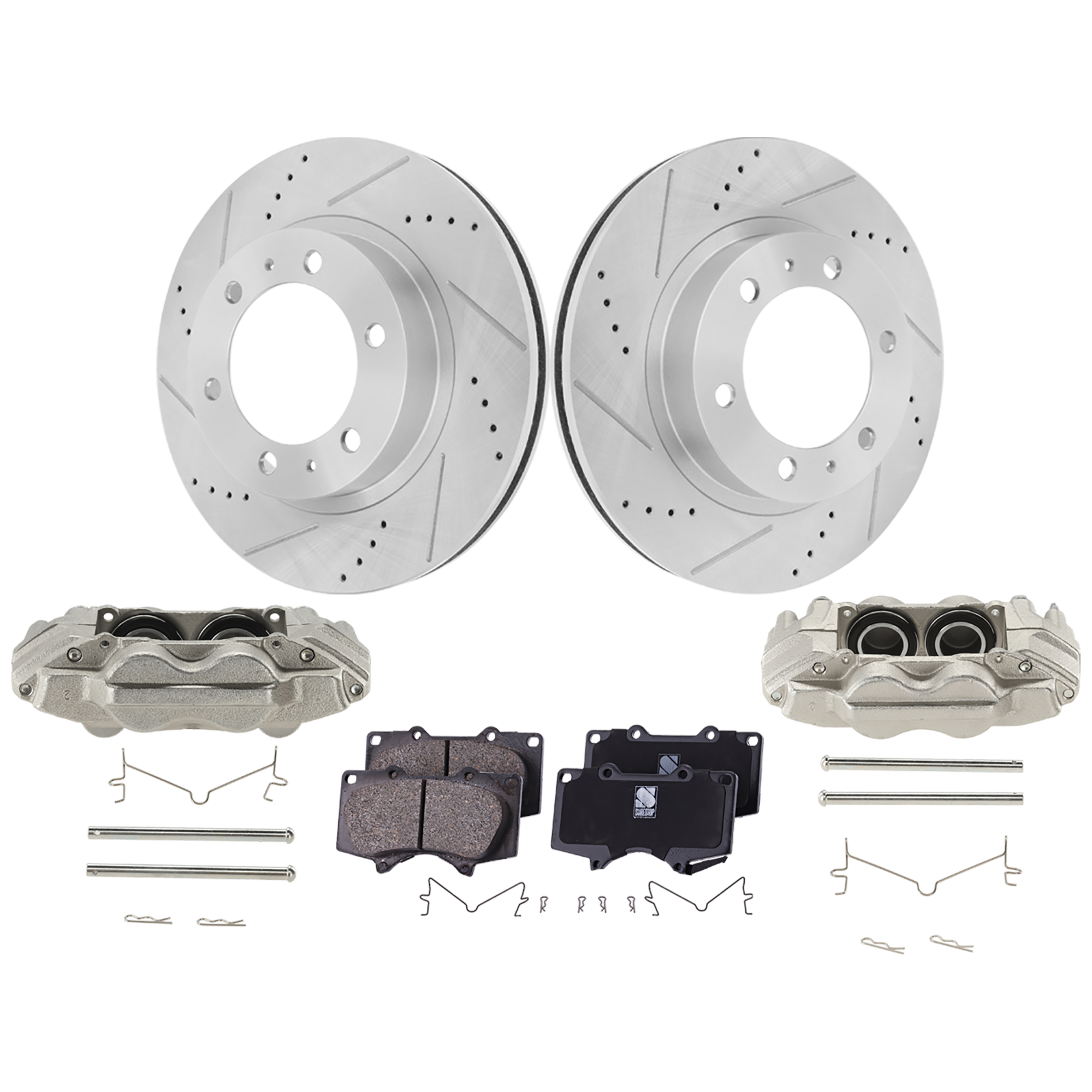 AM 4RUNNER 03-05 FRONT BRAKE KIT WITH CALIPERS 2 Wheel Set Includes 2 Brake Caliper 2 Brake Disc and 1 Brake Pad Set Cross drilled and Slotted 6 Lugs Ceramic SKU KIT 042125-80 OEM 31327-31520-44623-145458-08329
