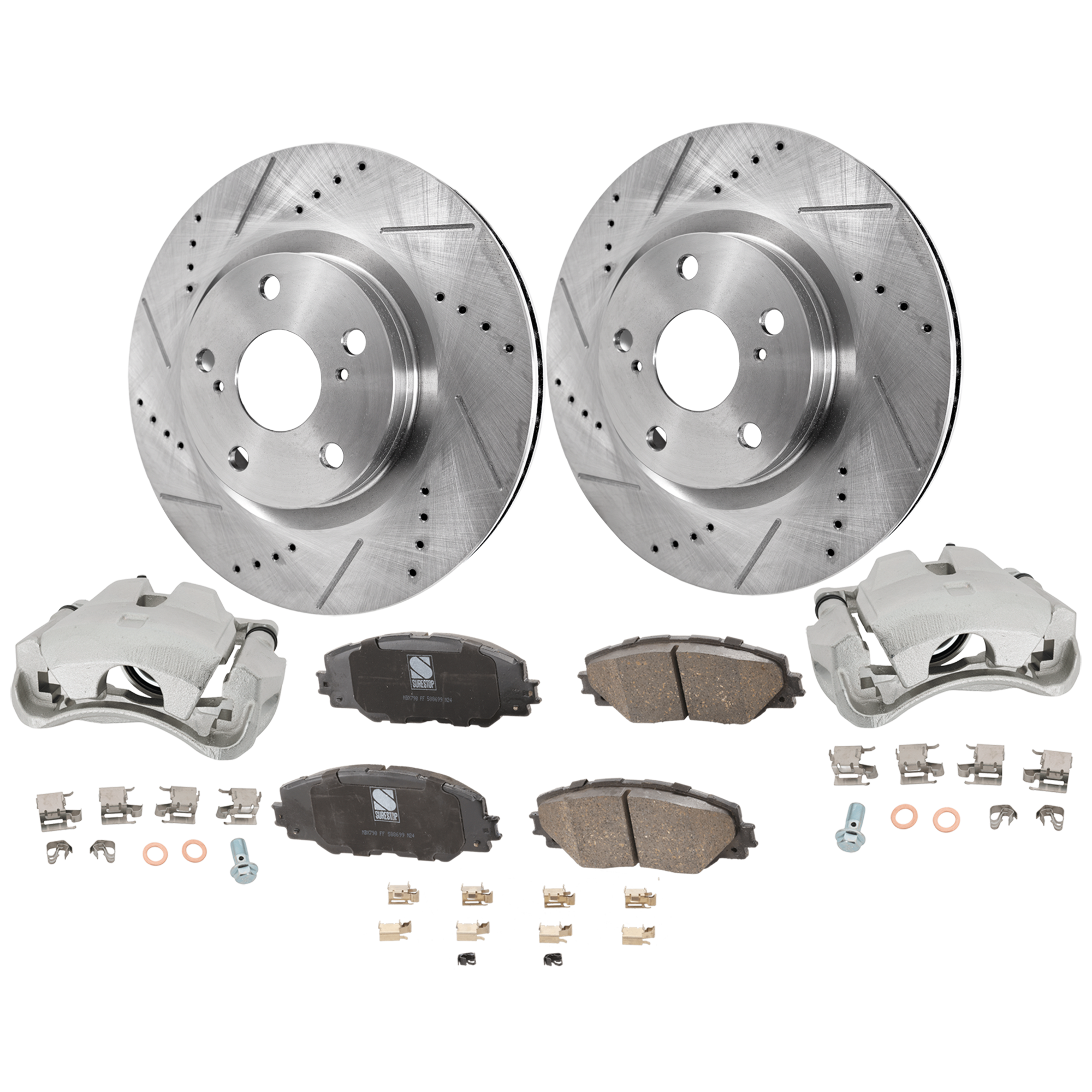 AM RAV4-09-12 FRONT BRAKE KIT WITH CALIPERS 2 Wheel Set Includes 2 Brake Caliper 2 Brake Disc and 1 Brake Pad Set Cross drilled and Slotted 5 Lugs Ceramic SKU KIT 042125-82 OEM 31434-31551-44582-44748-145713