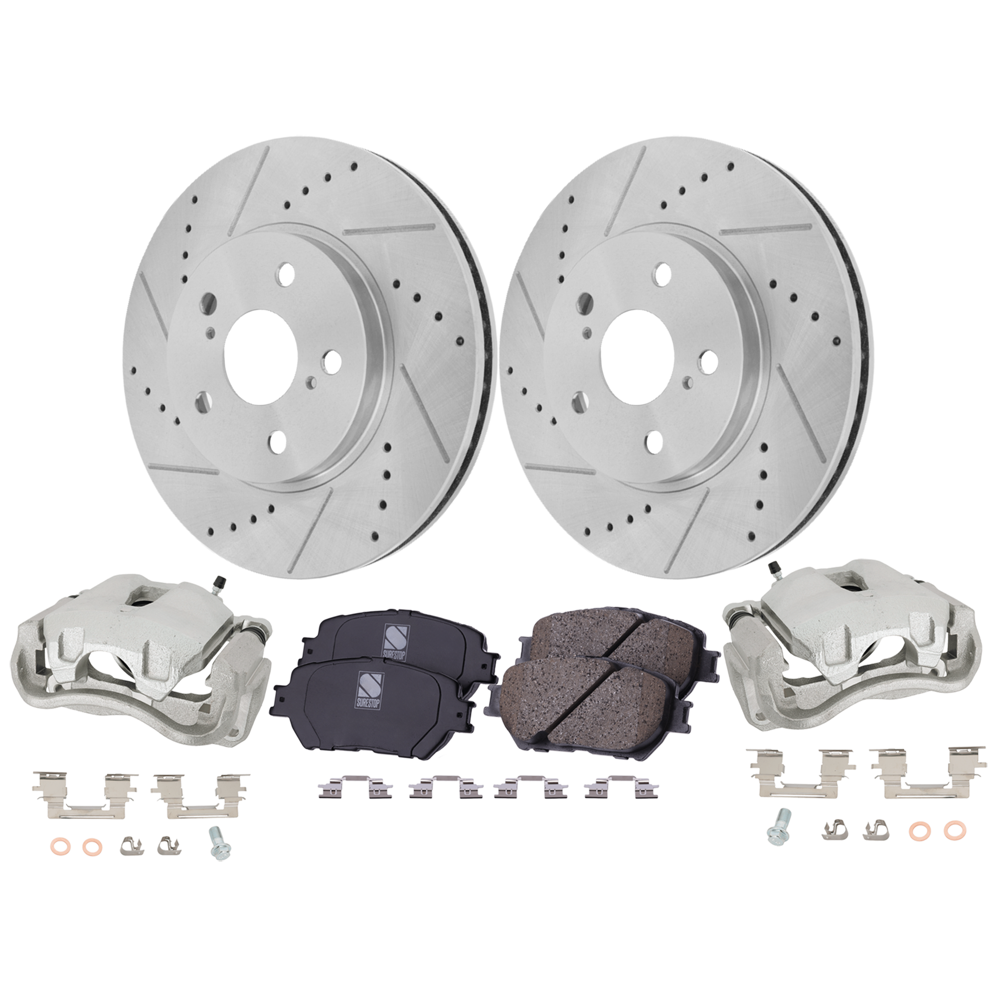AM CAMRY 05-05 FRONT BRAKE KIT WITH CALIPERS 2 Wheel Set Includes 2 Brake Caliper 2 Brake Disc and 1 Brake Pad Set Cross drilled and Slotted 5 Lugs Ceramic SKU KIT 042125-84 OEM 19380-31314-31451-44627-145471