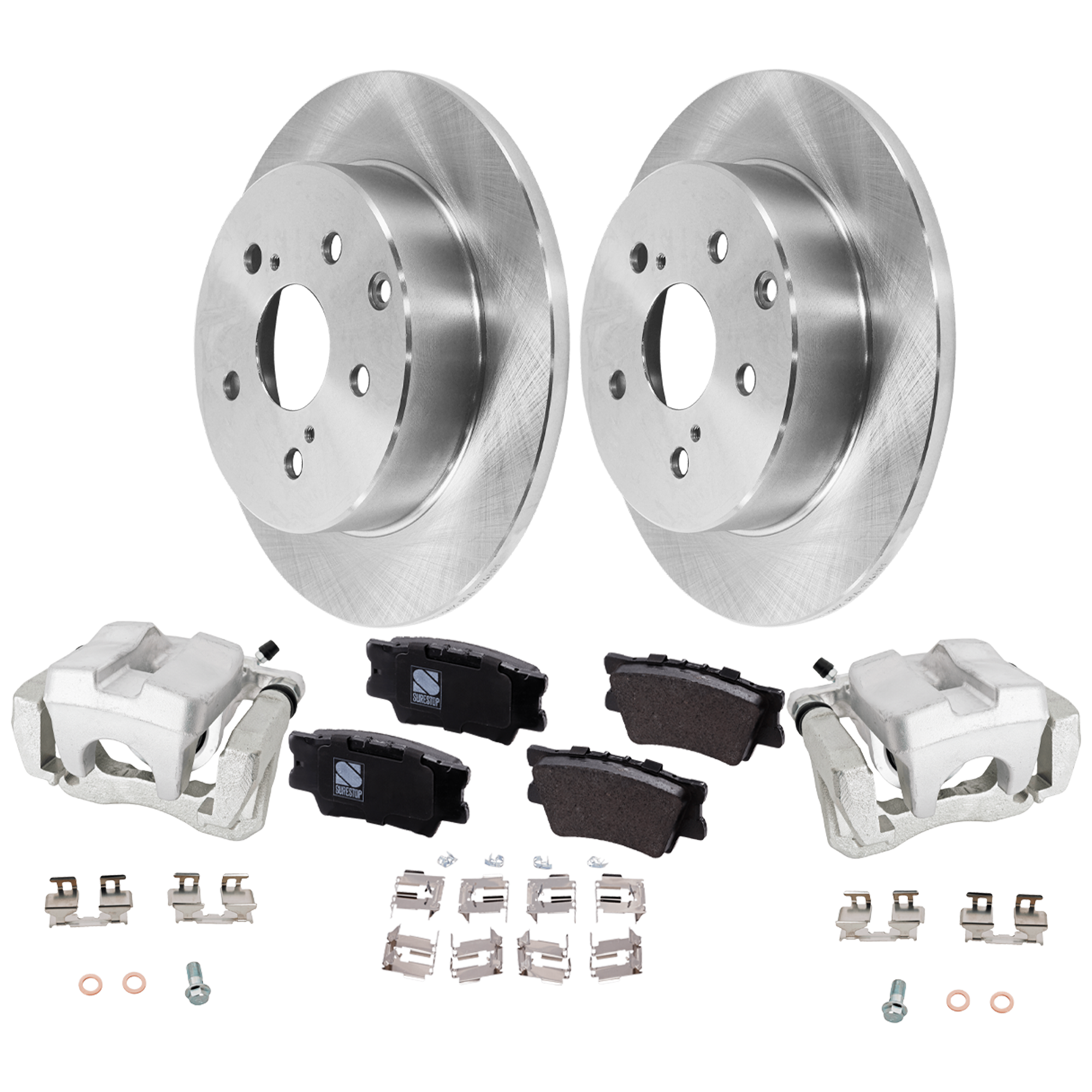 AM RAV4-06-12 REAR BRAKE KIT WITH CALIPERS 2 Wheel Set Includes 2 Brake Caliper 2 Brake Disc and 1 Brake Pad Set Plain Surface 5 Lugs Cast Iron Ceramic SKU KIT 042125-86 OEM 4351230320-0446602220-04466060