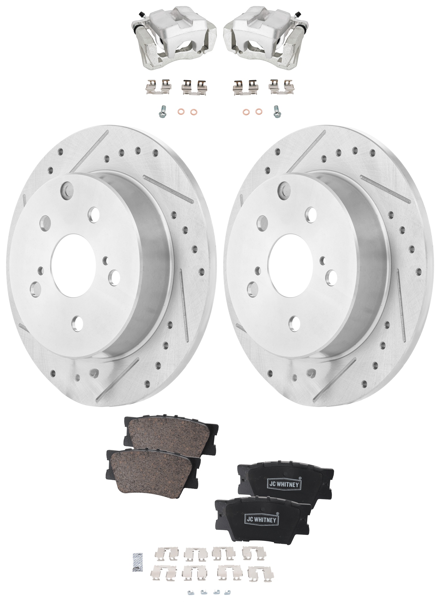 AM RAV4-06-12 REAR BRAKE KIT WITH CALIPERS 2 Wheel Set Includes 2 Brake Caliper 2 Brake Disc and 1 Brake Pad Set Cross drilled and Slotted 5 Lugs Ceramic SKU KIT 042125-87 OEM 31443-44657-60407-0833294-9003